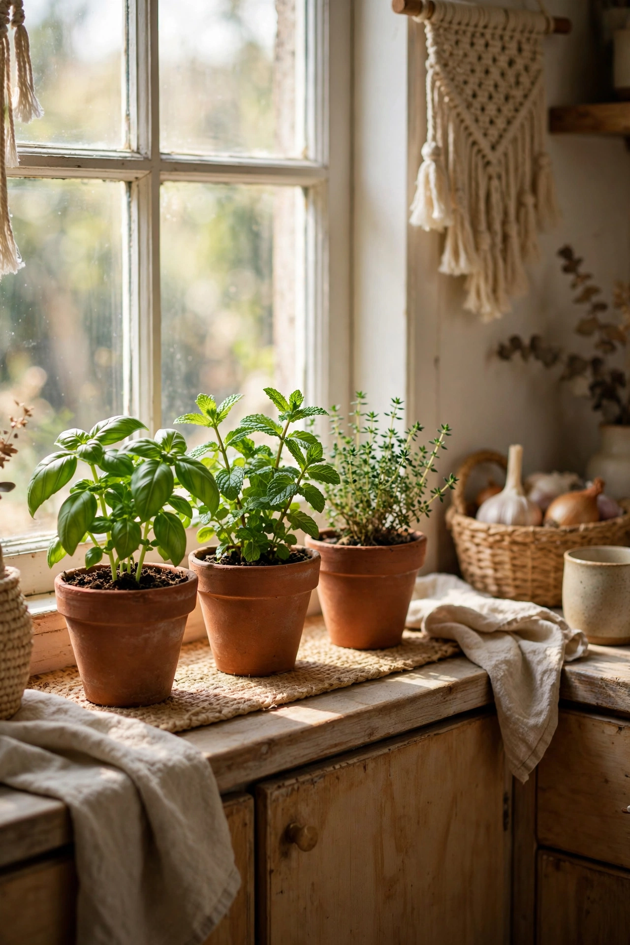 Terracotta pots of basil mint and thyme on a sunny kitchen windowsill