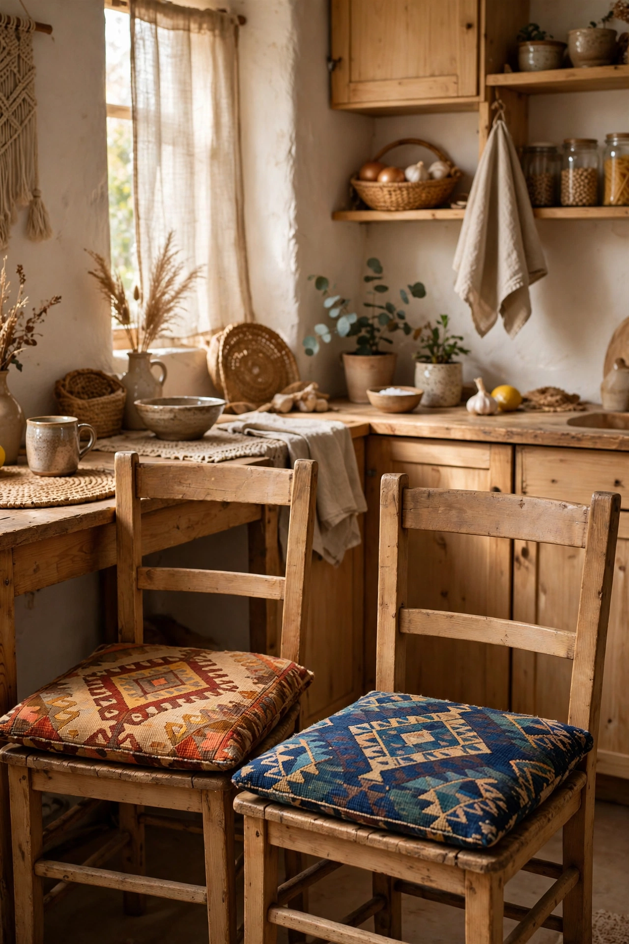 Vintage kilim pattern cushions in rust and blue on wooden kitchen chairs