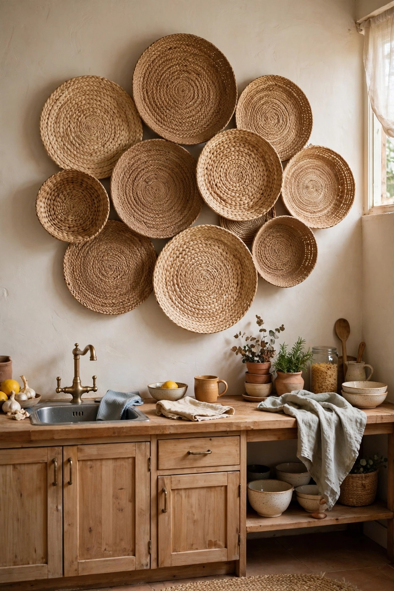 Cluster of flat woven seagrass baskets arranged as wall art in a kitchen