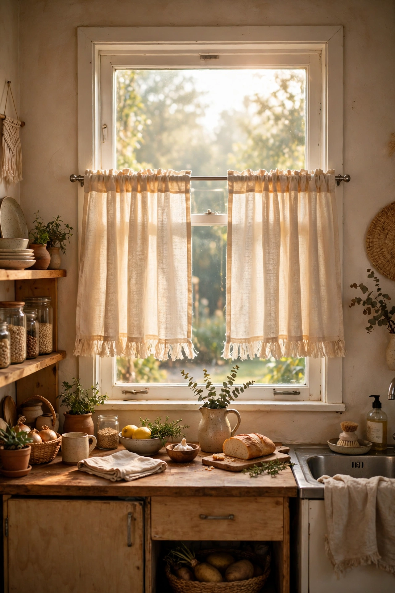 Natural cotton cafe curtains with fringe hem in a boho kitchen window