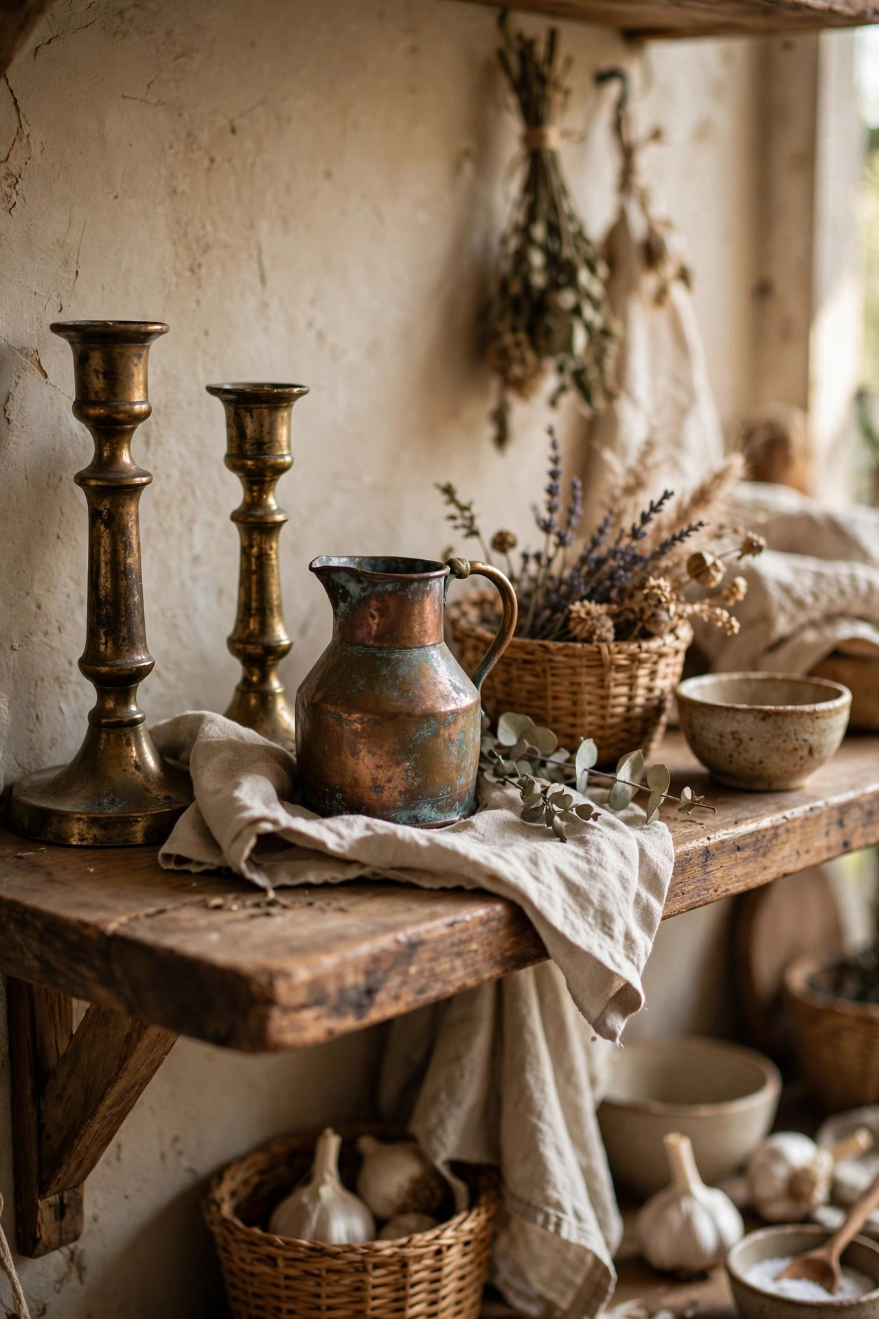 Tarnished brass candlesticks and a copper jug styled on a kitchen shelf