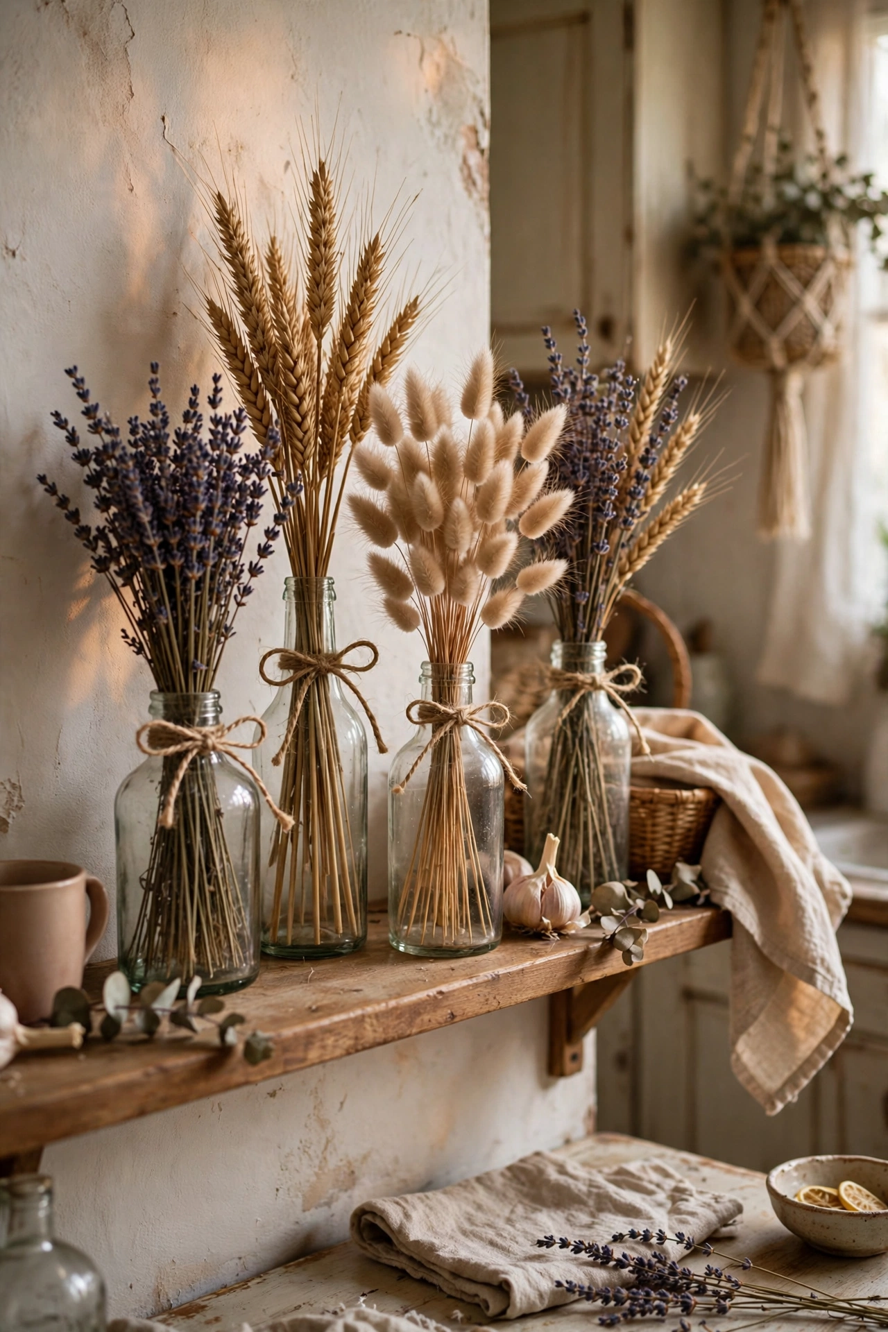 Dried lavender and wheat bunches in old glass bottles on a kitchen shelf