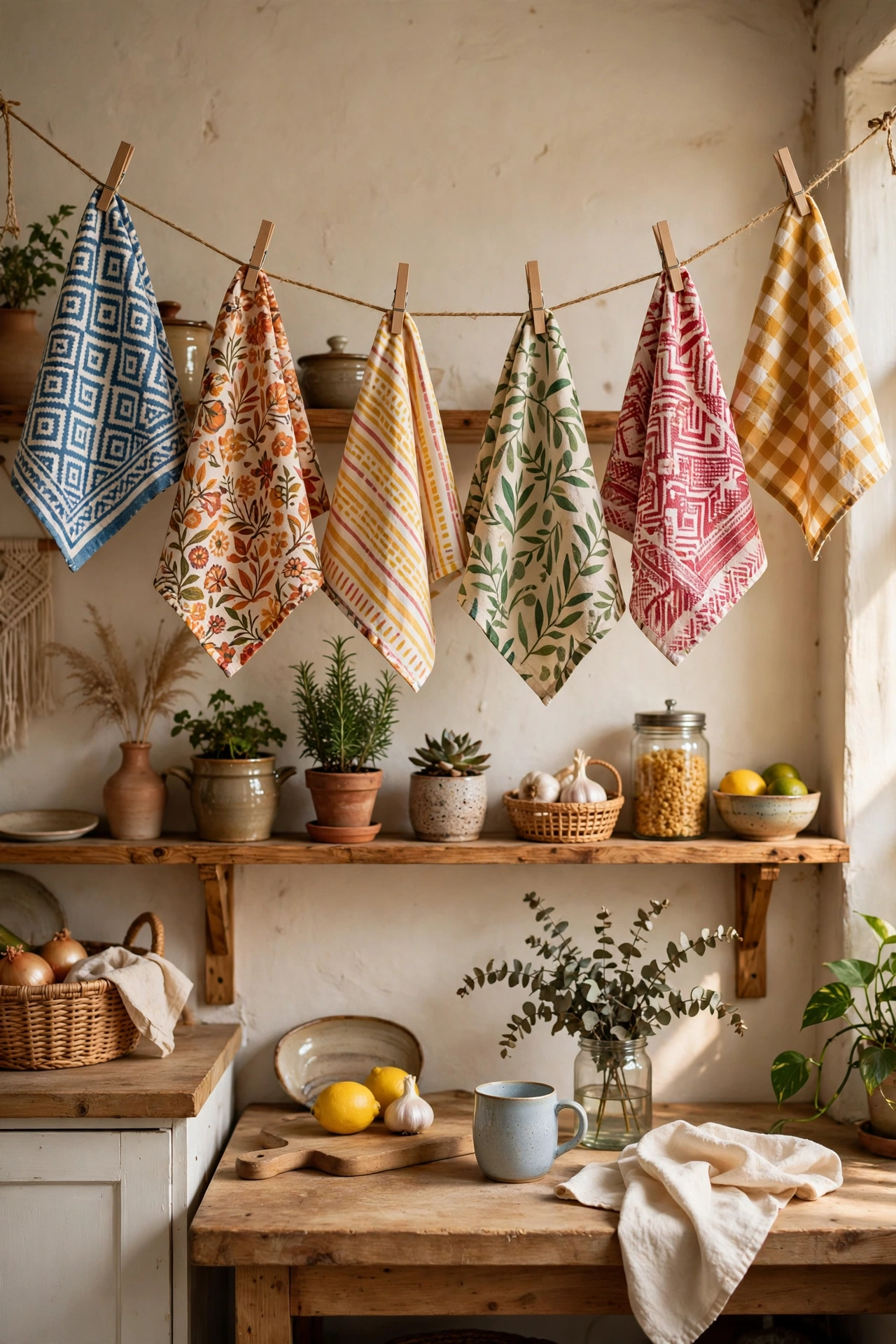 Patterned tea towels strung as bunting on twine across a kitchen wall