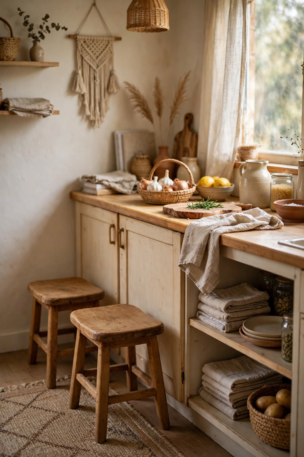 Low wooden stools with beeswax finish tucked beside a kitchen counter