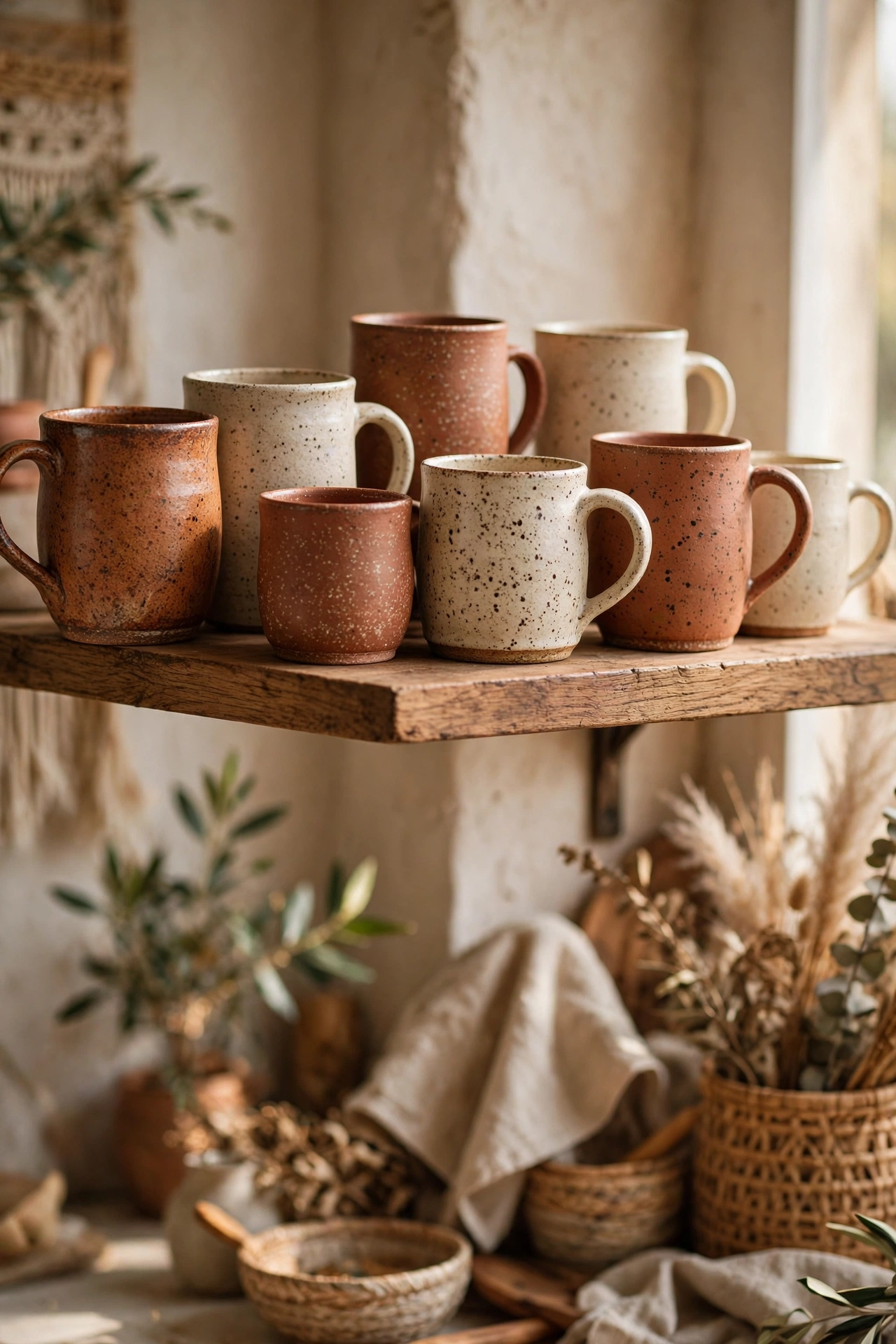 Shelf of speckled handmade-look ceramic mugs in earthy tones