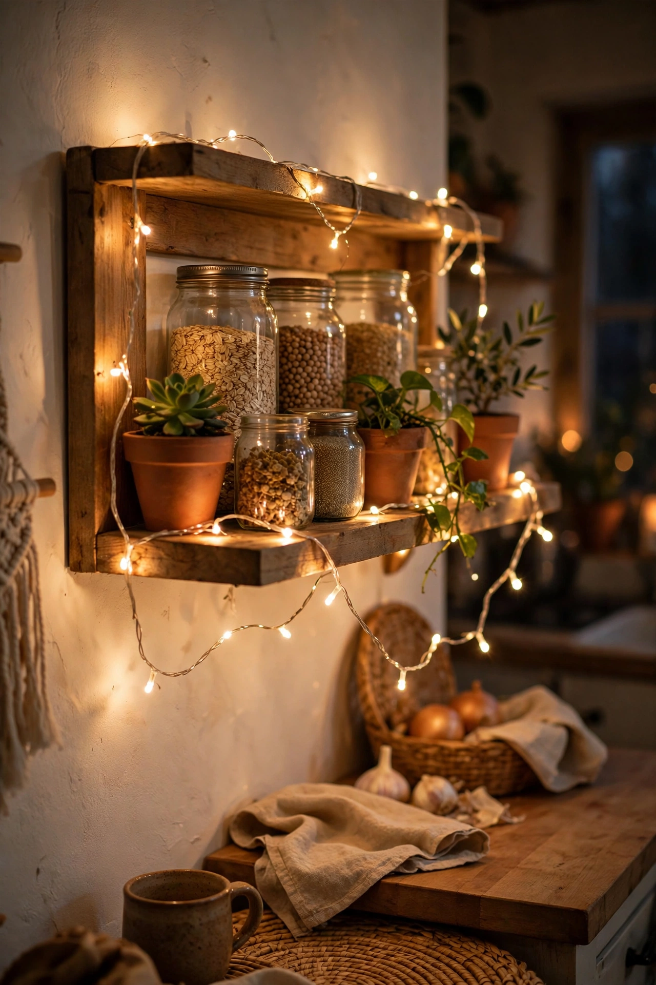 Warm fairy lights draped along an open kitchen shelf at dusk