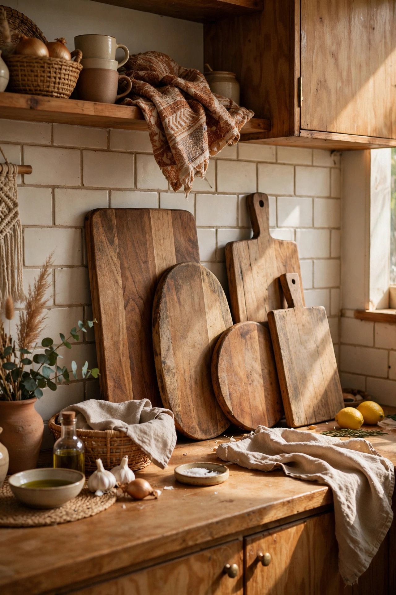 Beautiful wooden chopping boards leaning against a kitchen backsplash