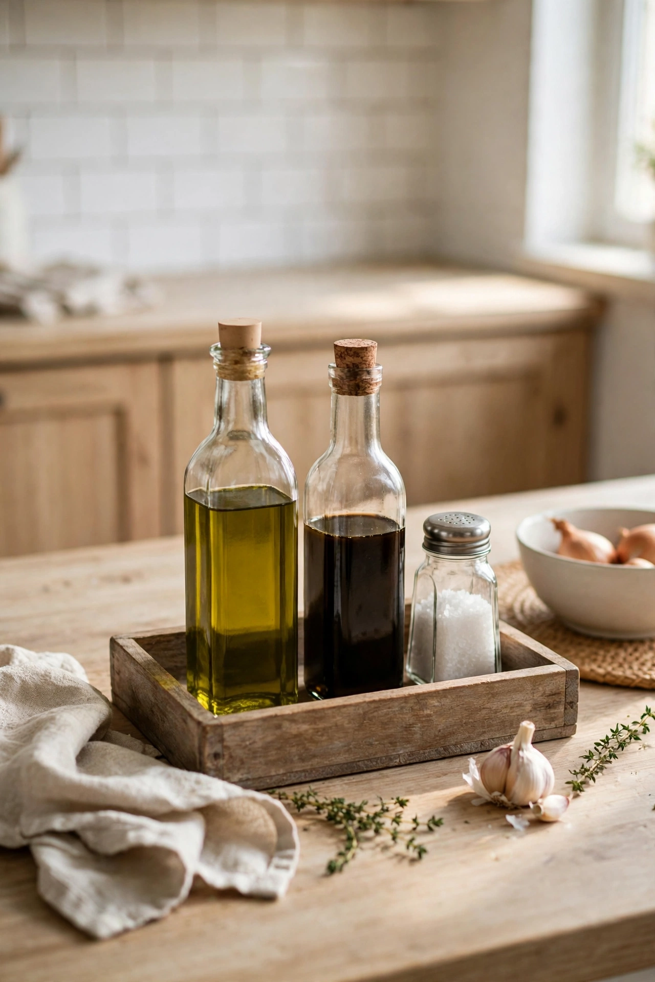 Wooden tray corralling olive oil vinegar and salt on a styled kitchen counter