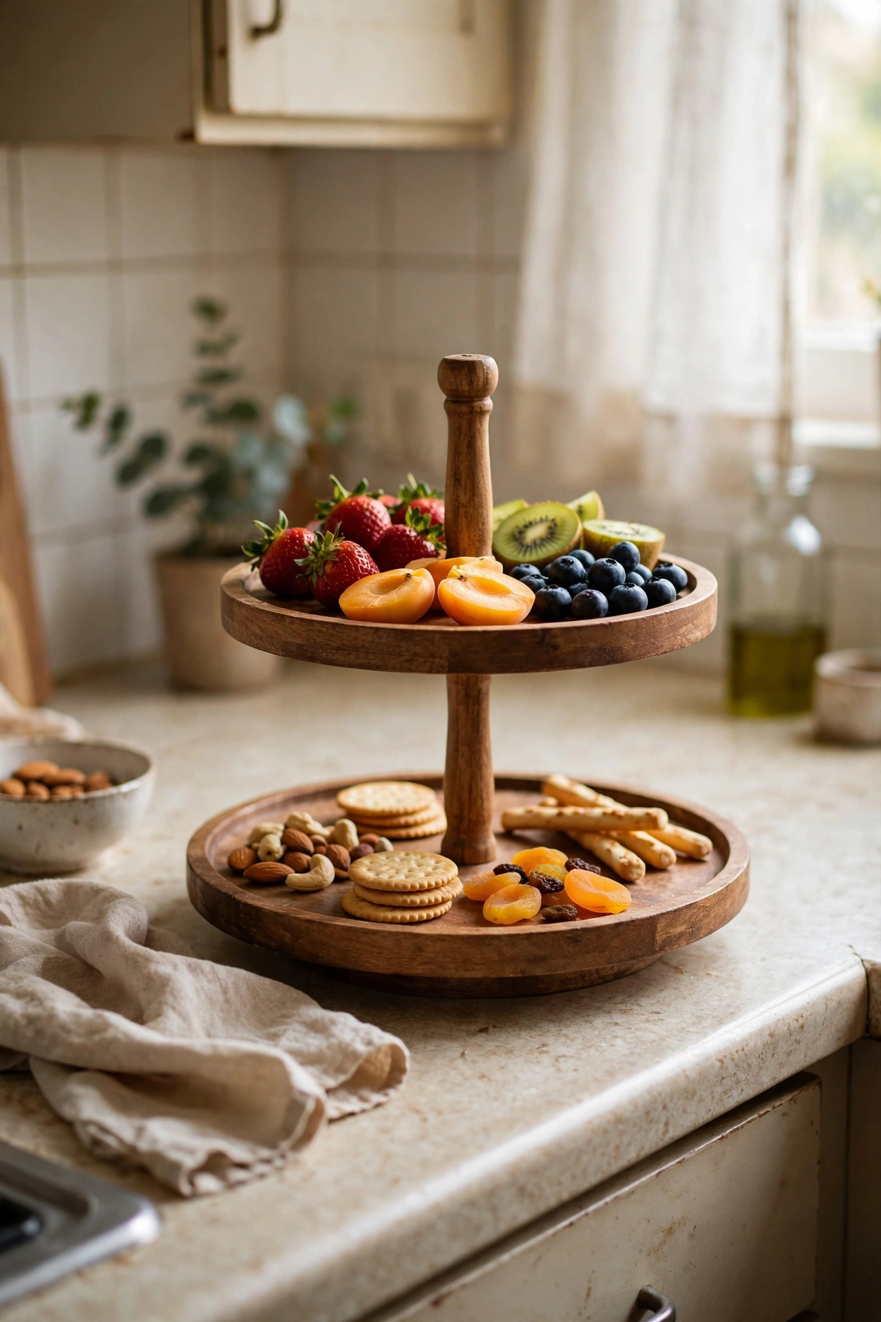 Two-tier wooden stand holding fruit and snacks on a kitchen worktop