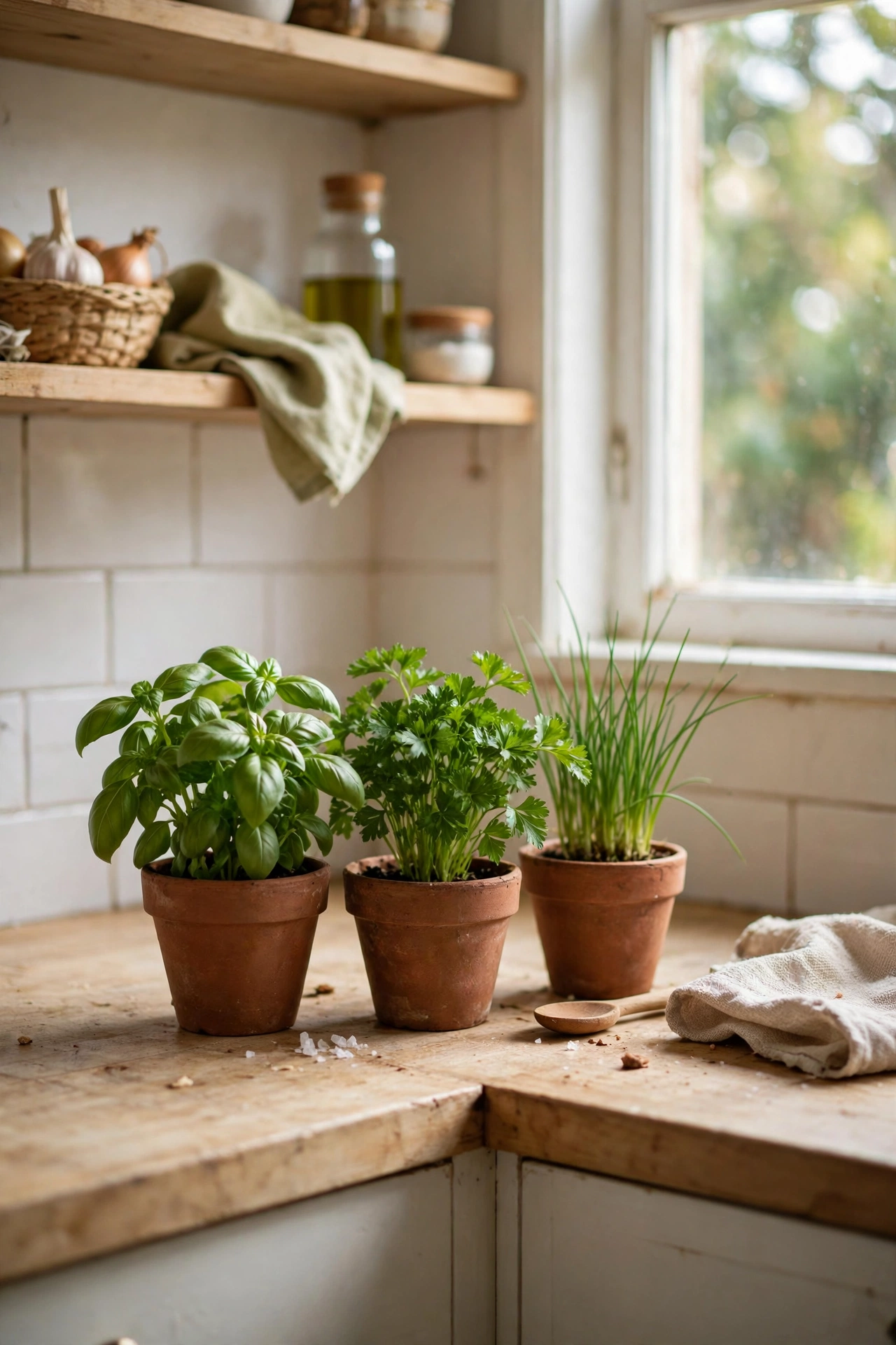 Three small potted herbs grouped together on a bright kitchen counter