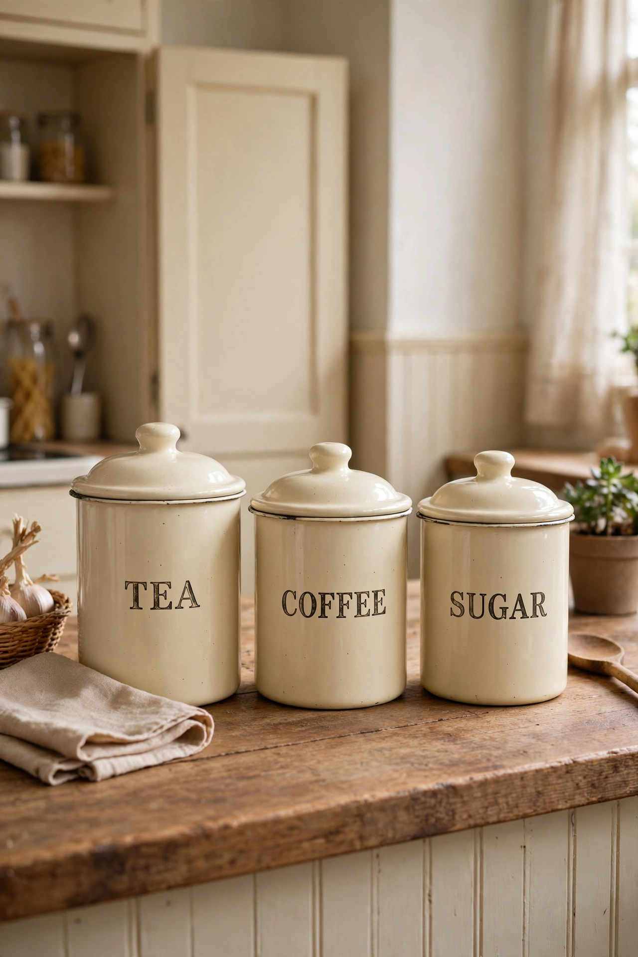 Matching vintage-style enamel canisters for tea coffee and sugar on a counter