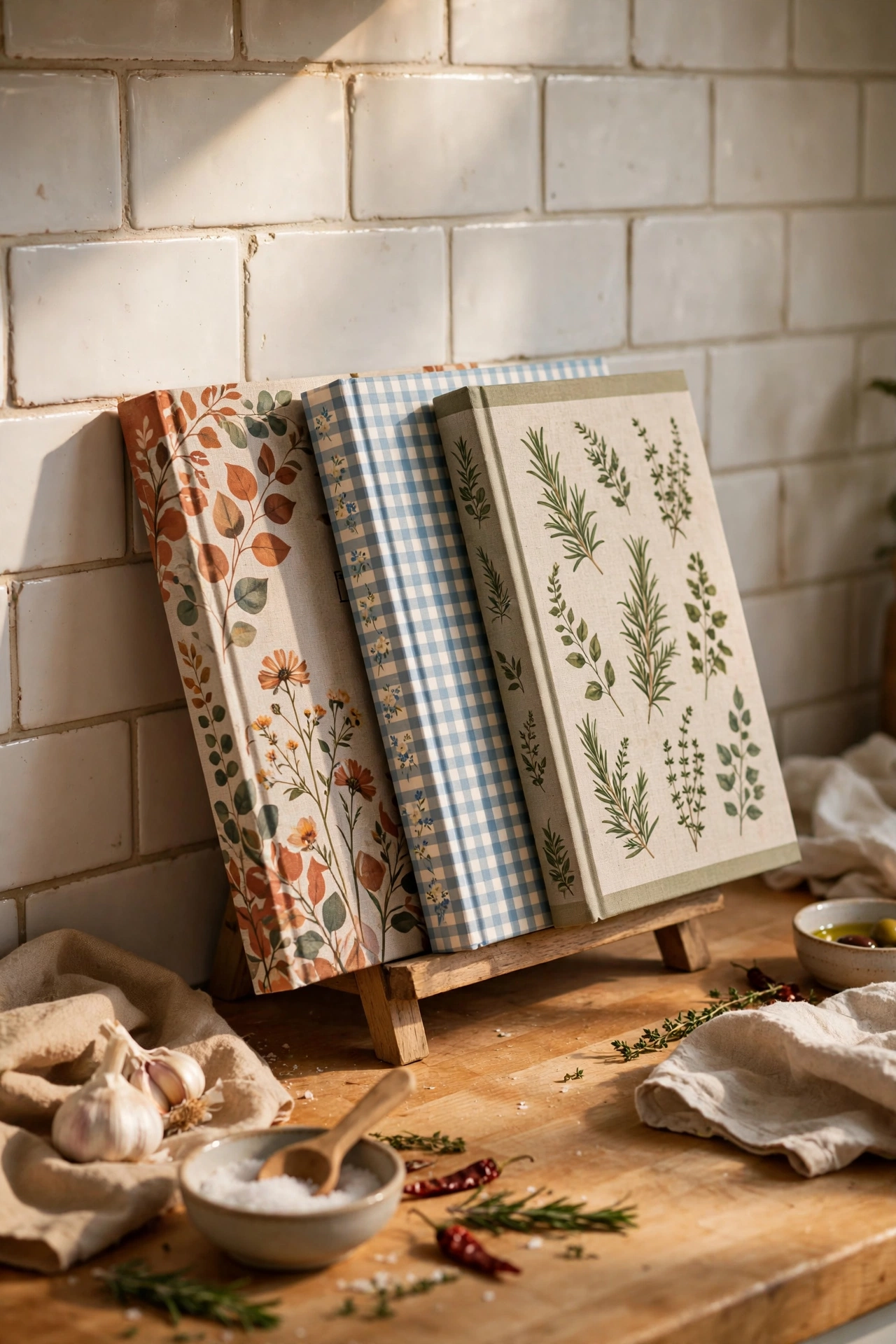 Beautiful cookbooks leaning on a small stand against a kitchen backsplash