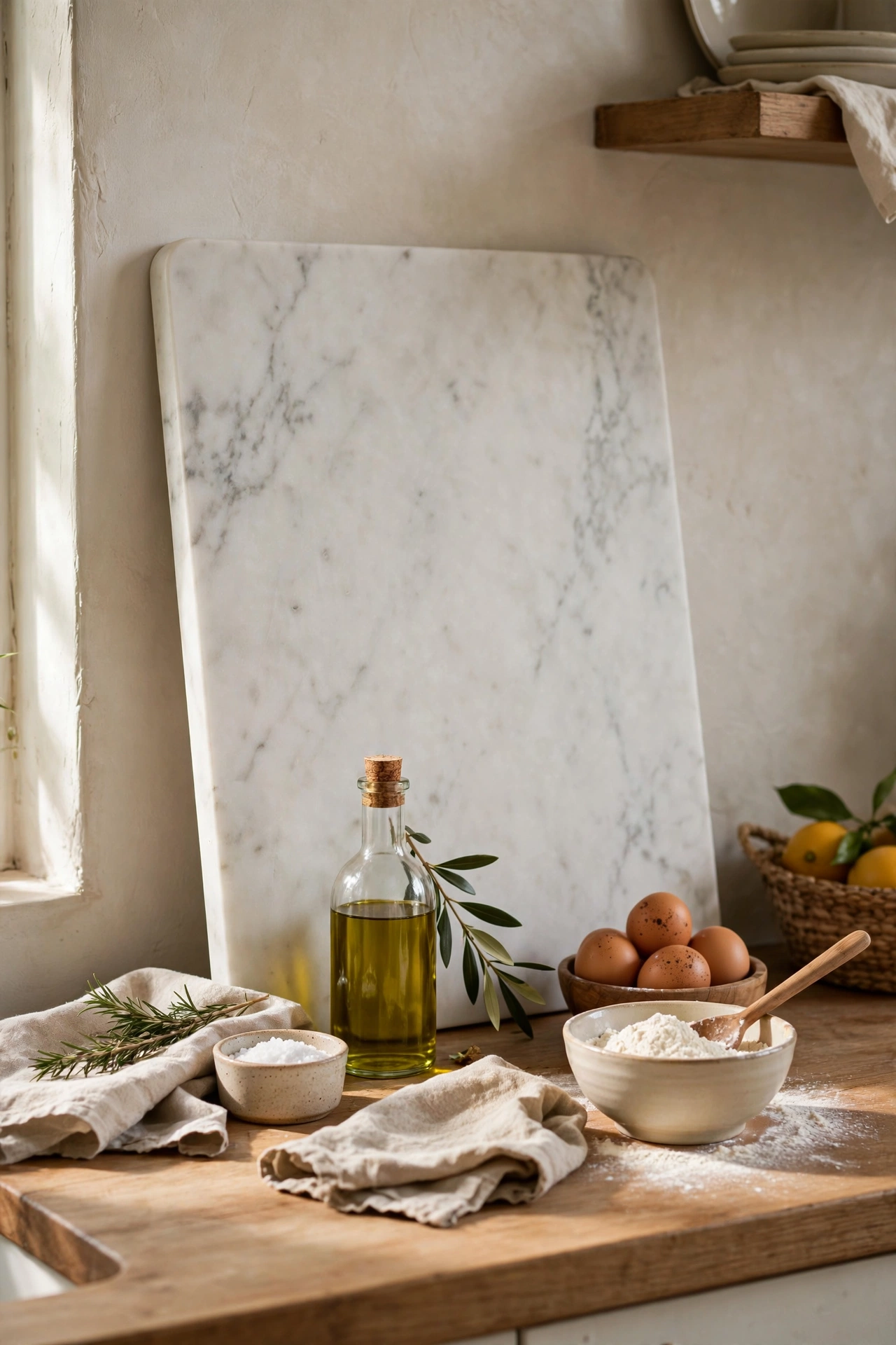 Large marble pastry board leaned against the wall behind styled kitchen items