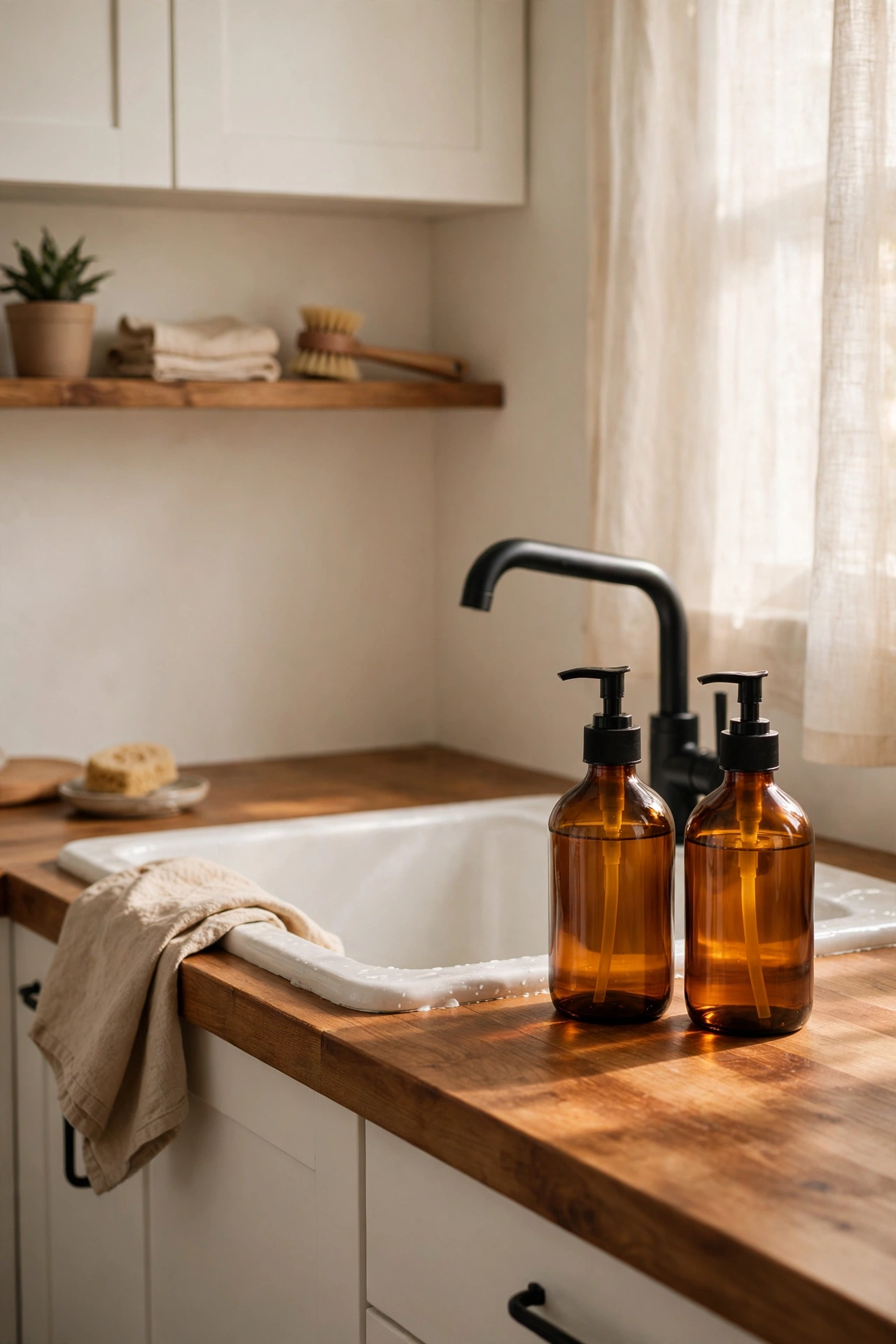 Matching amber glass soap dispensers beside a white kitchen sink