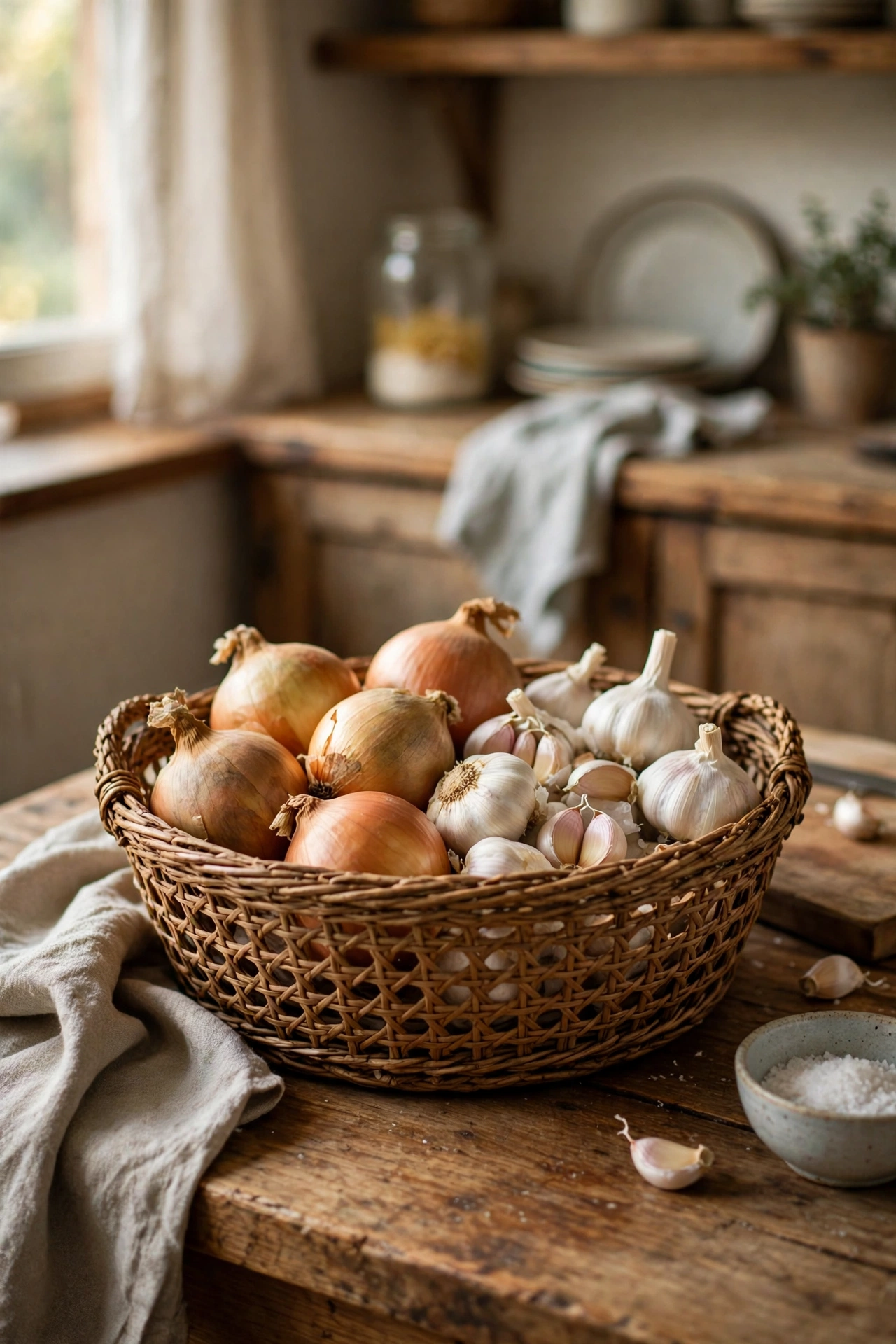 Woven ventilated basket of onions and garlic on a rustic kitchen counter