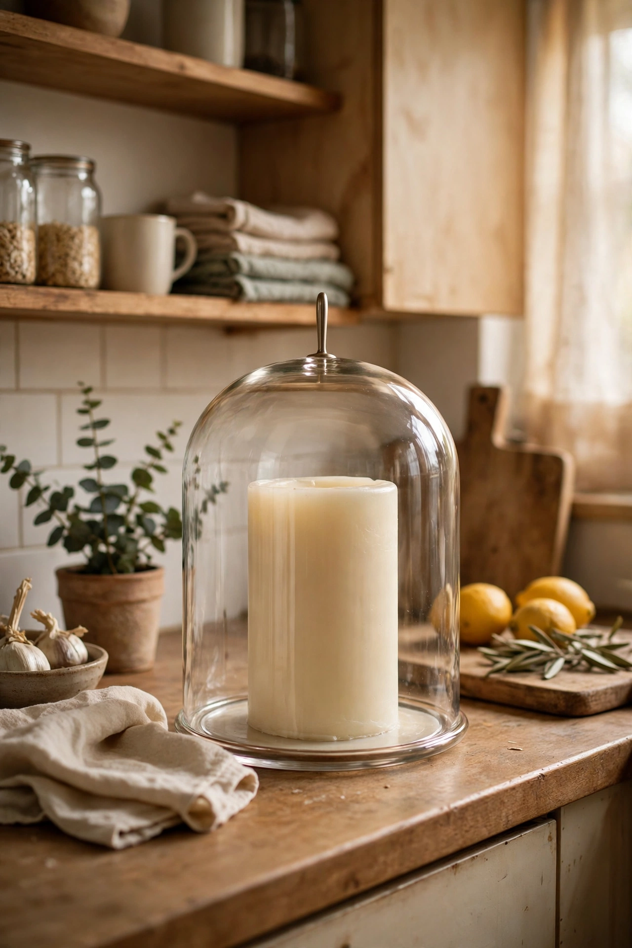 Large candle under a glass cloche dome on a styled kitchen counter