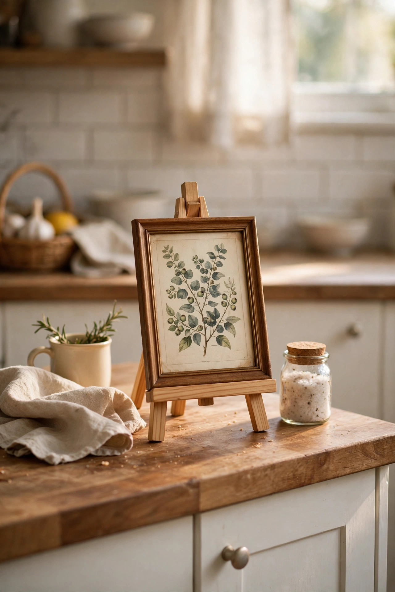 Small framed botanical art print on a mini wooden easel on a kitchen counter