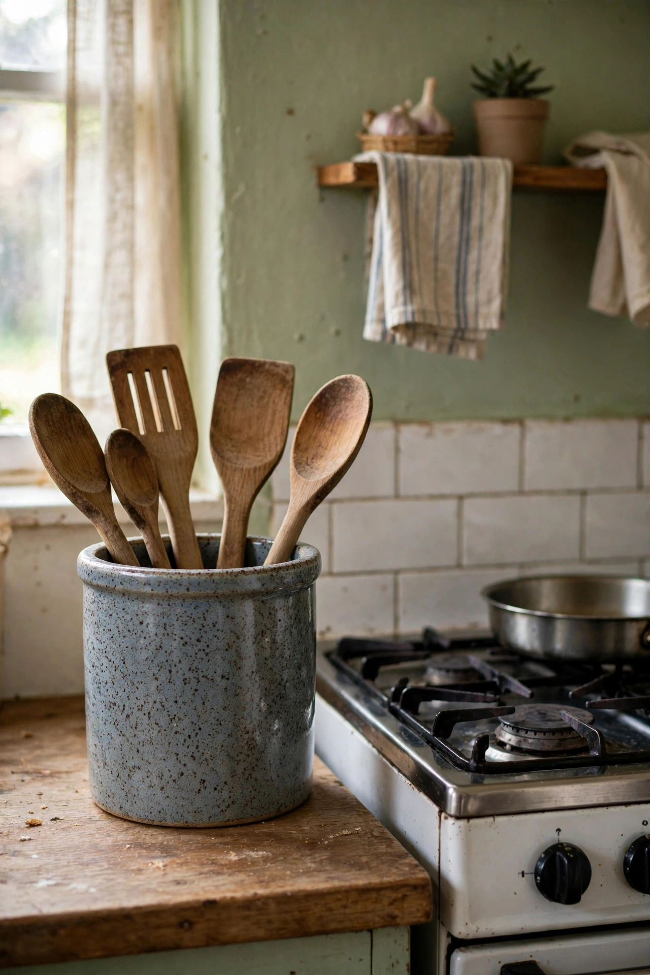 Handsome ceramic crock holding wooden spoons beside a cooker