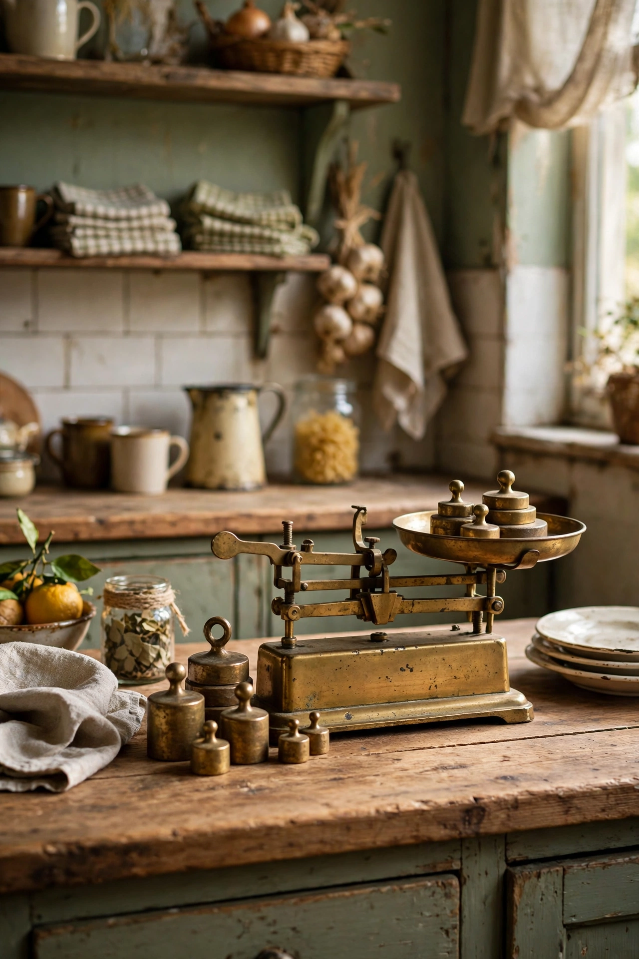 Vintage brass kitchen scale with weights as a statement piece on a counter