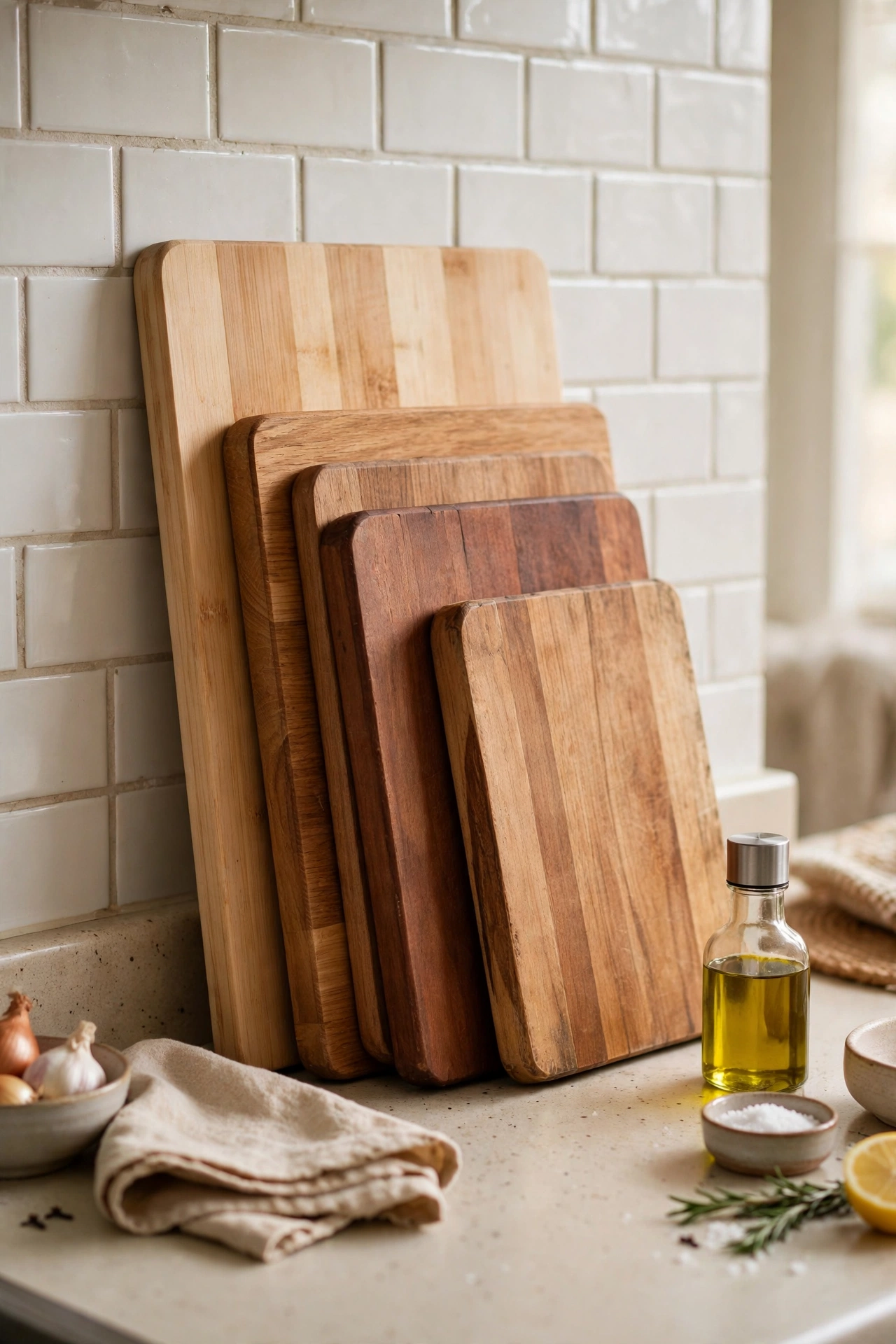 Stack of wooden cutting boards in different tones leaning against a backsplash