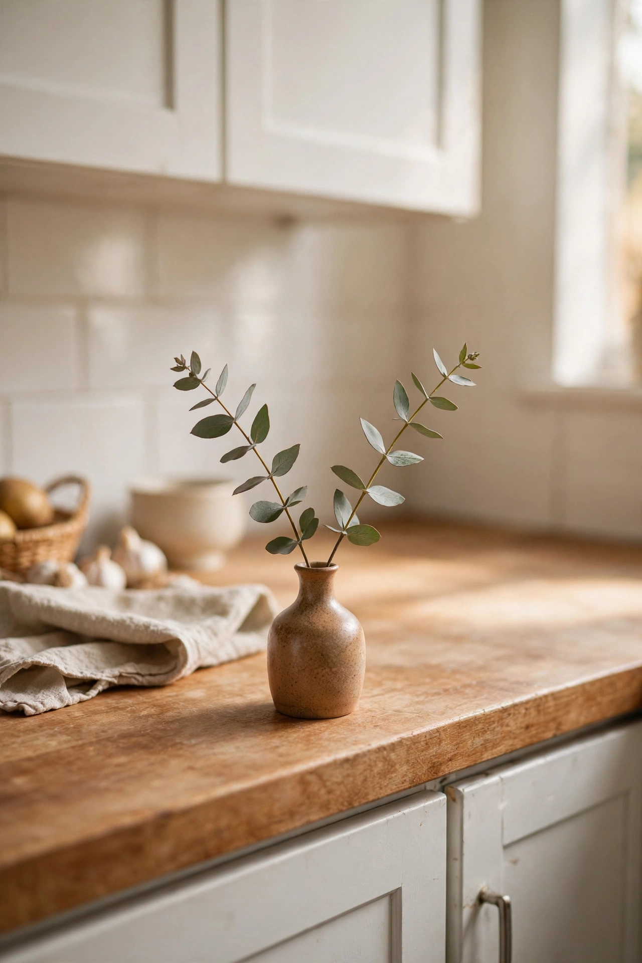 Tiny bud vase with eucalyptus stems on a styled kitchen worktop