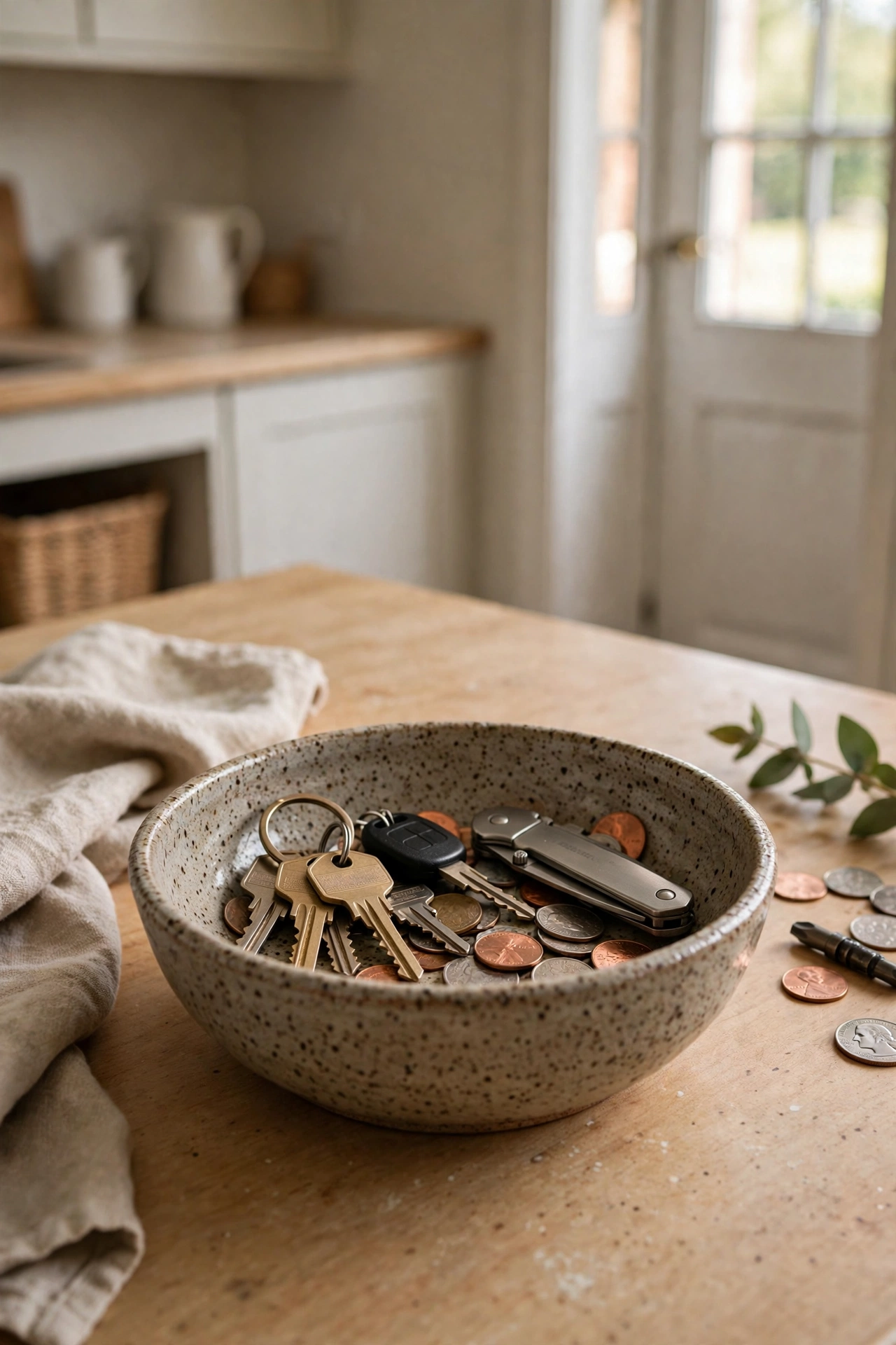 Handmade-look ceramic bowl holding keys and pocket bits on a kitchen counter