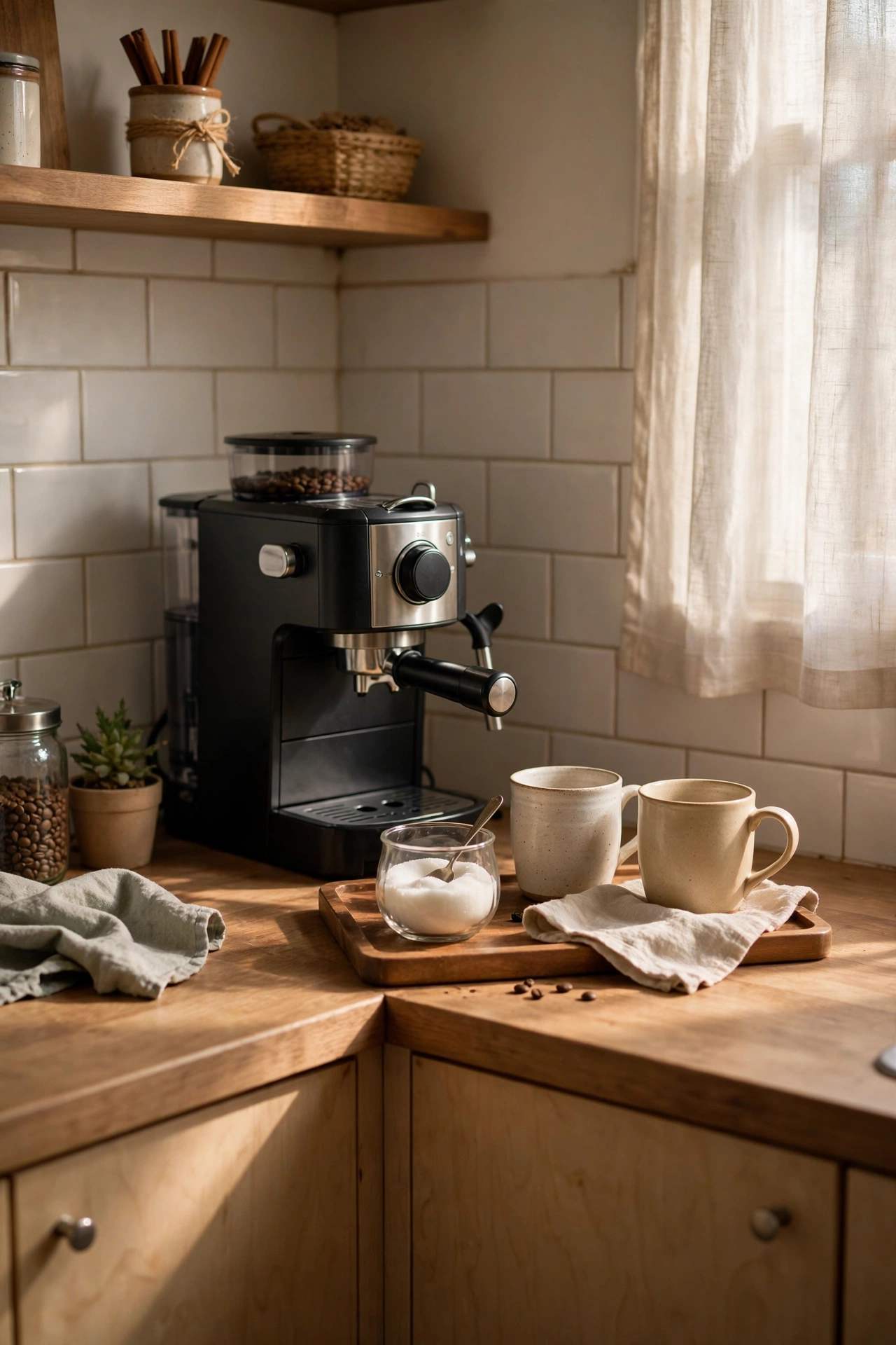 Defined coffee station corner with machine mugs and tray on a kitchen counter