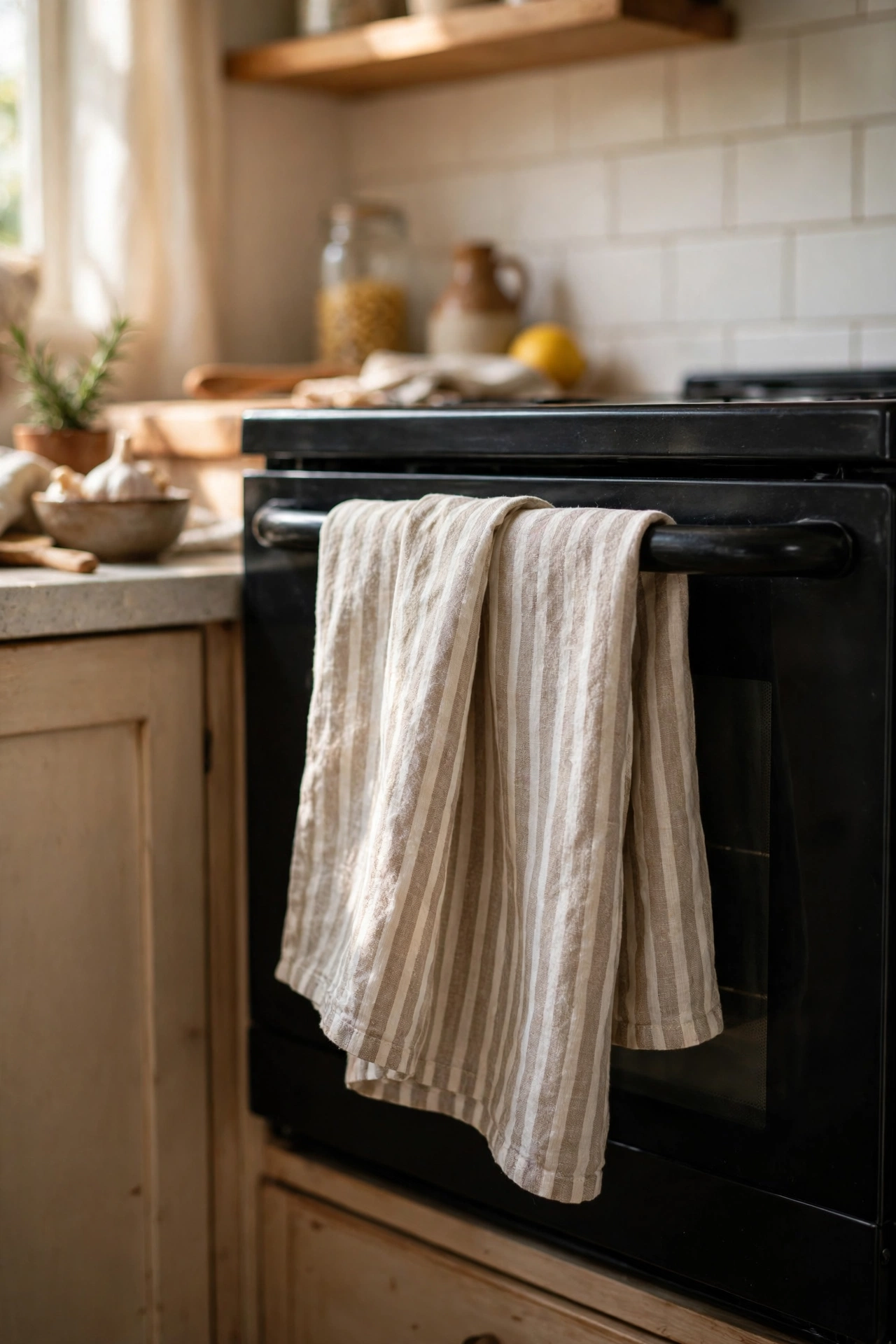 Striped tea towel folded neatly over a black oven handle