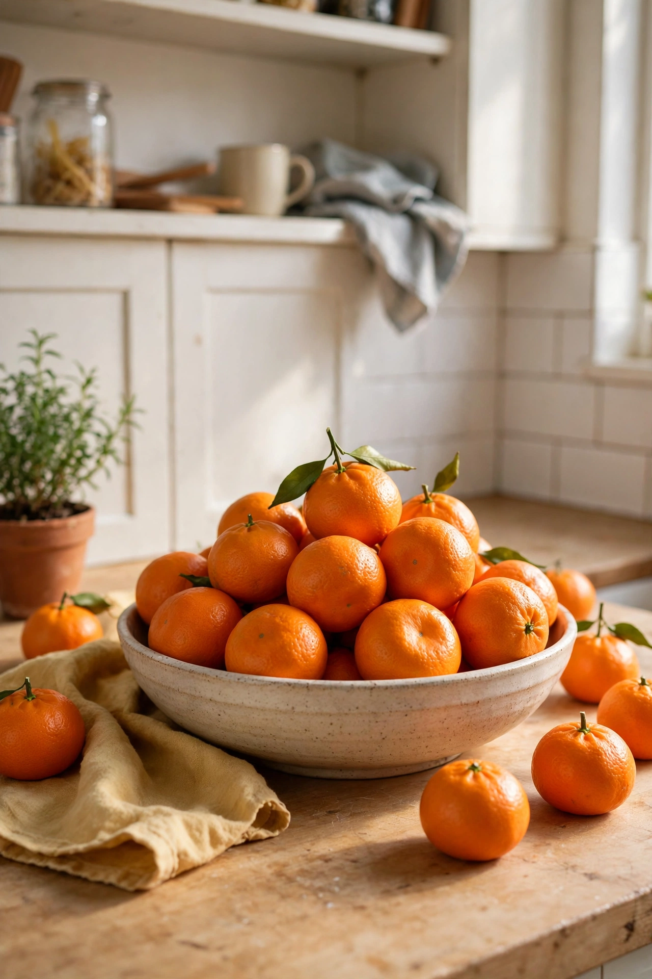 Wide shallow bowl of seasonal clementines as a kitchen counter centrepiece