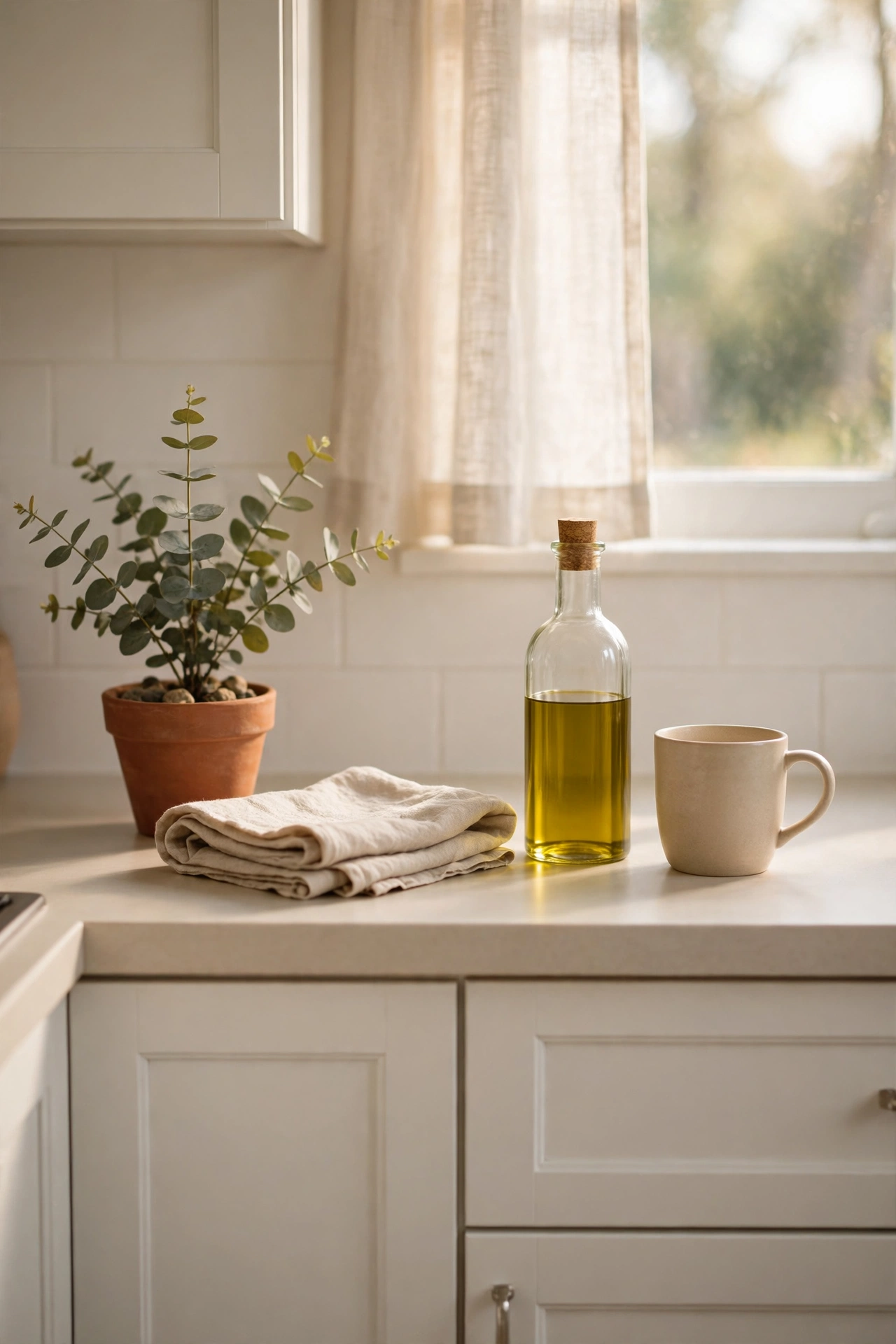 Beautifully cleared and styled kitchen counter showing the one-in-one-out rule