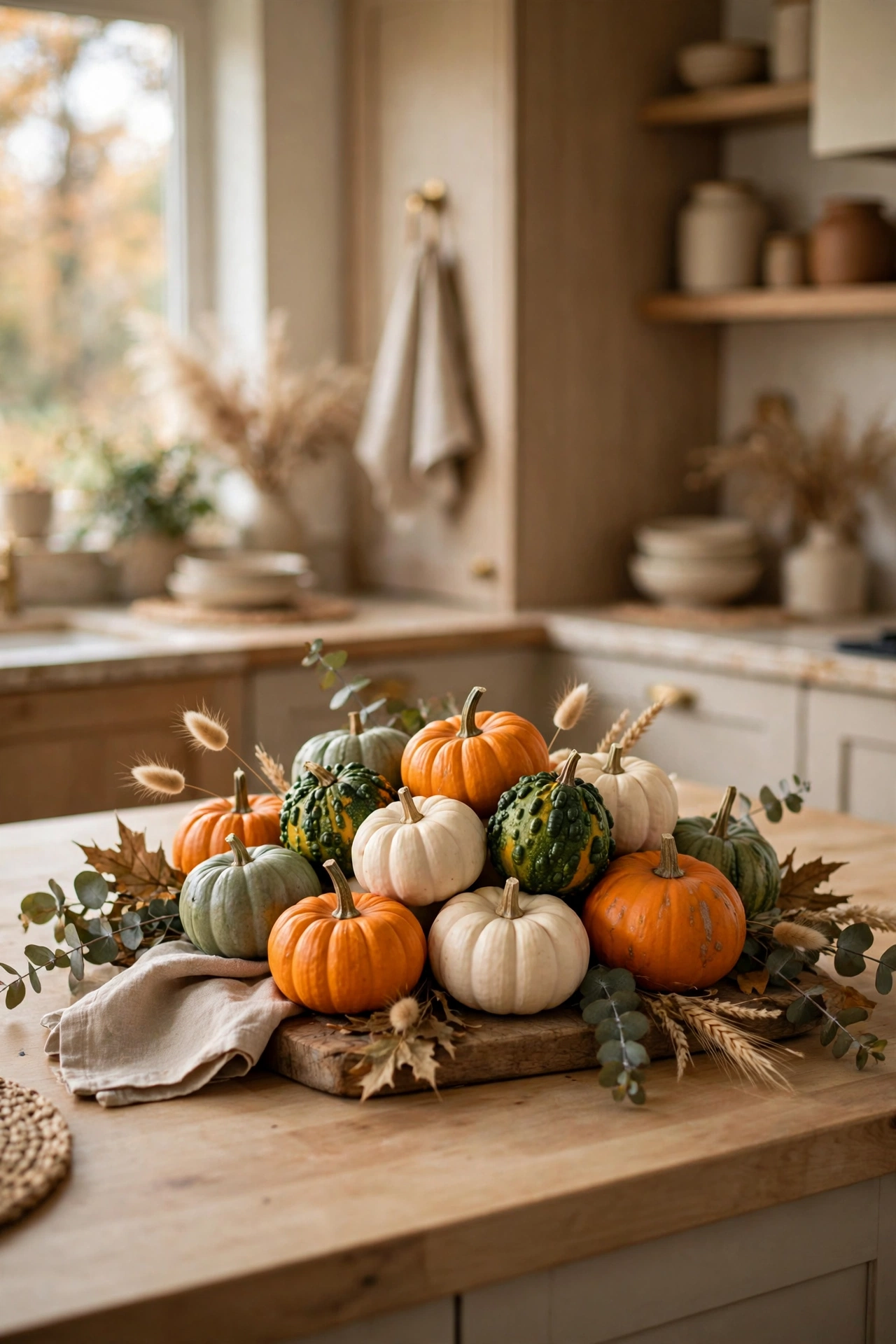Cluster of mini pumpkins and gourds in autumn colours on a kitchen island