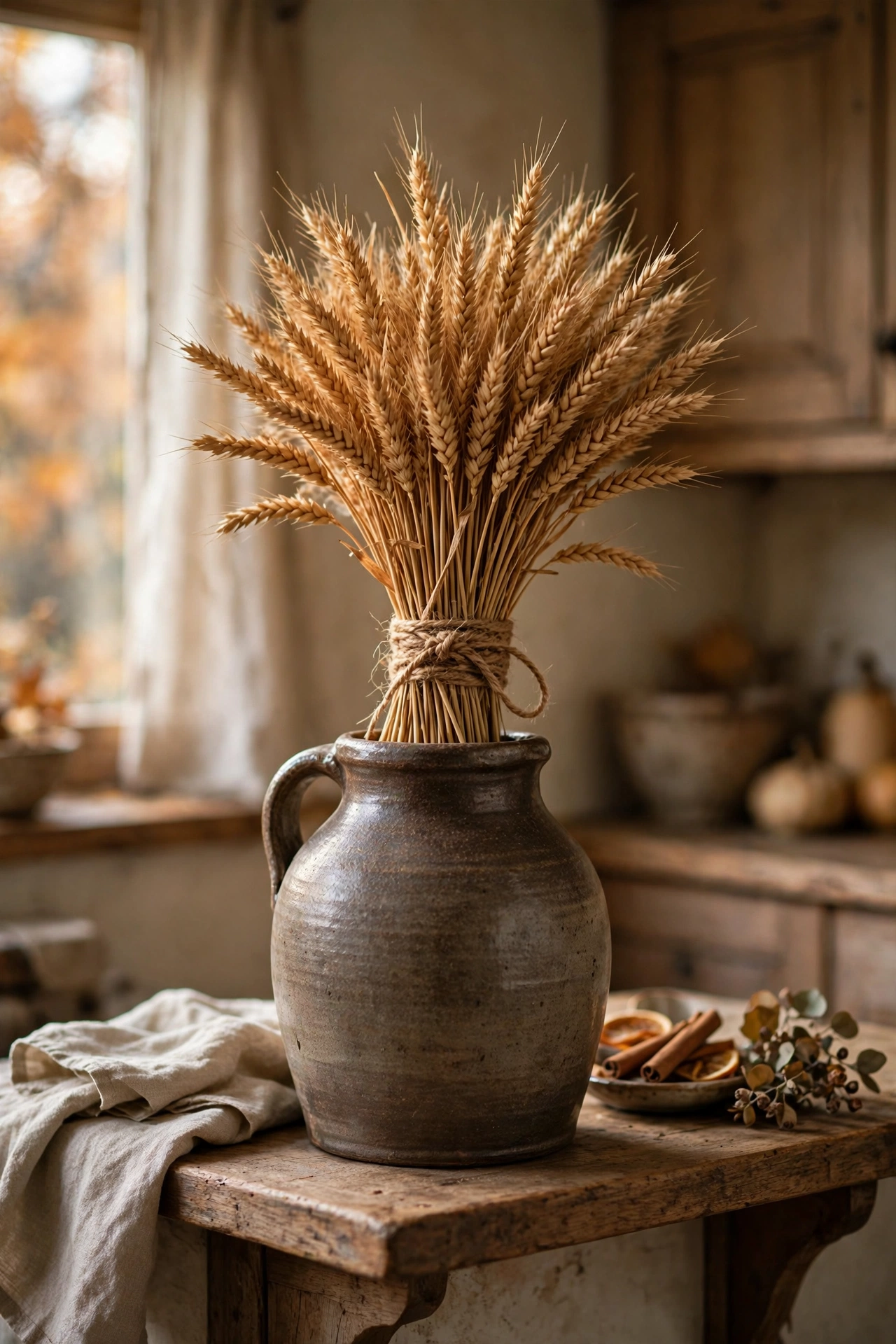 Dried wheat sheaf tied with twine in a heavy stoneware jug on a kitchen shelf