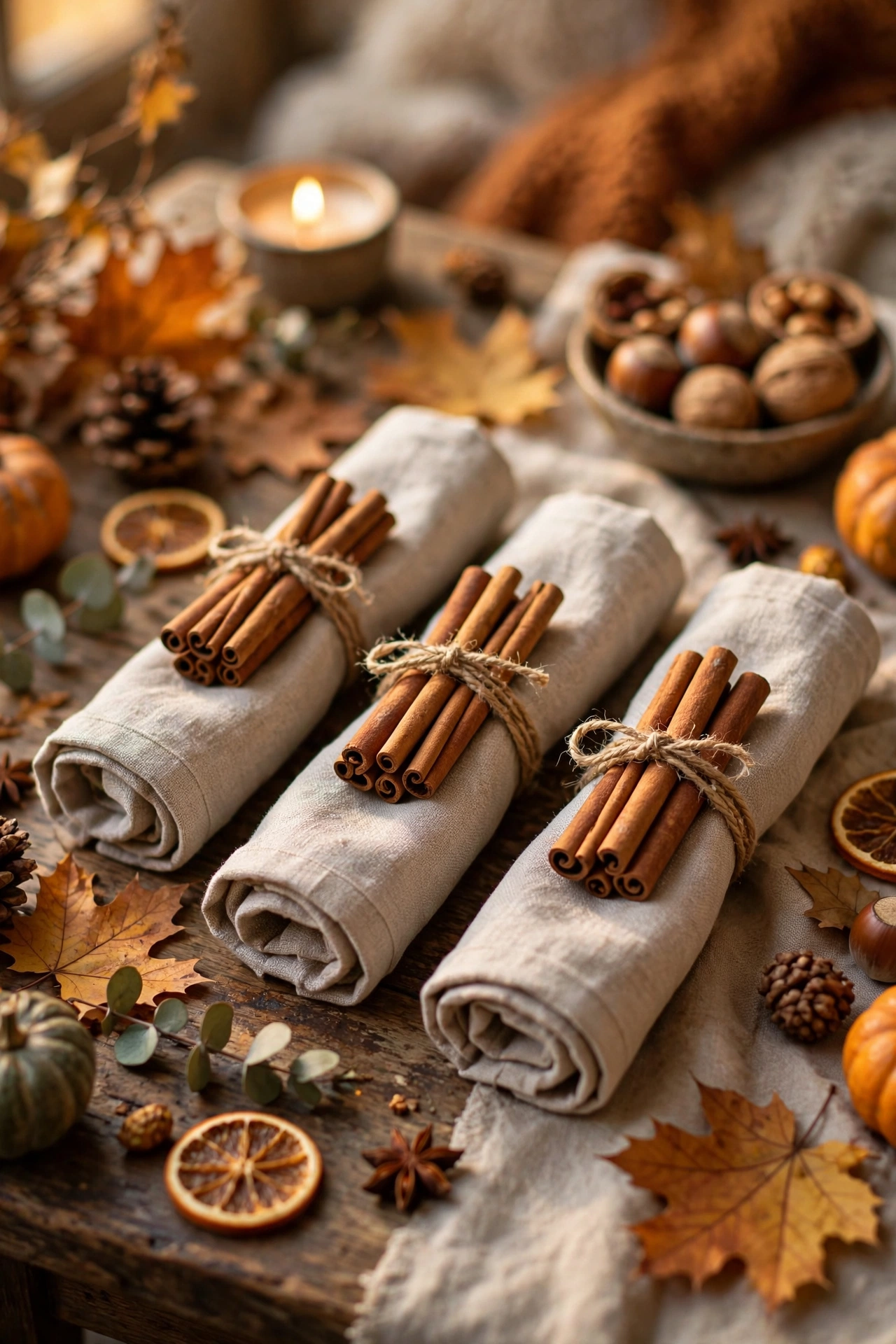 Cinnamon sticks tied with twine as napkin rings on autumn table napkins