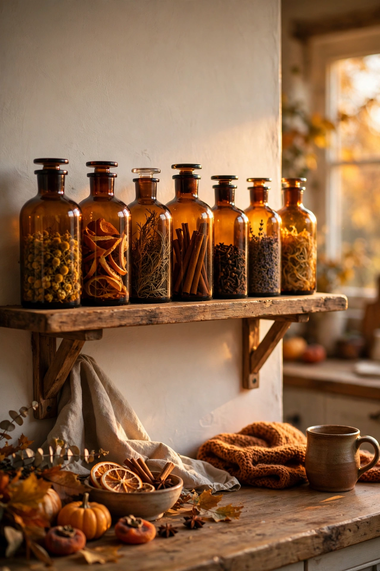 Amber glass apothecary bottles catching light on open kitchen shelves