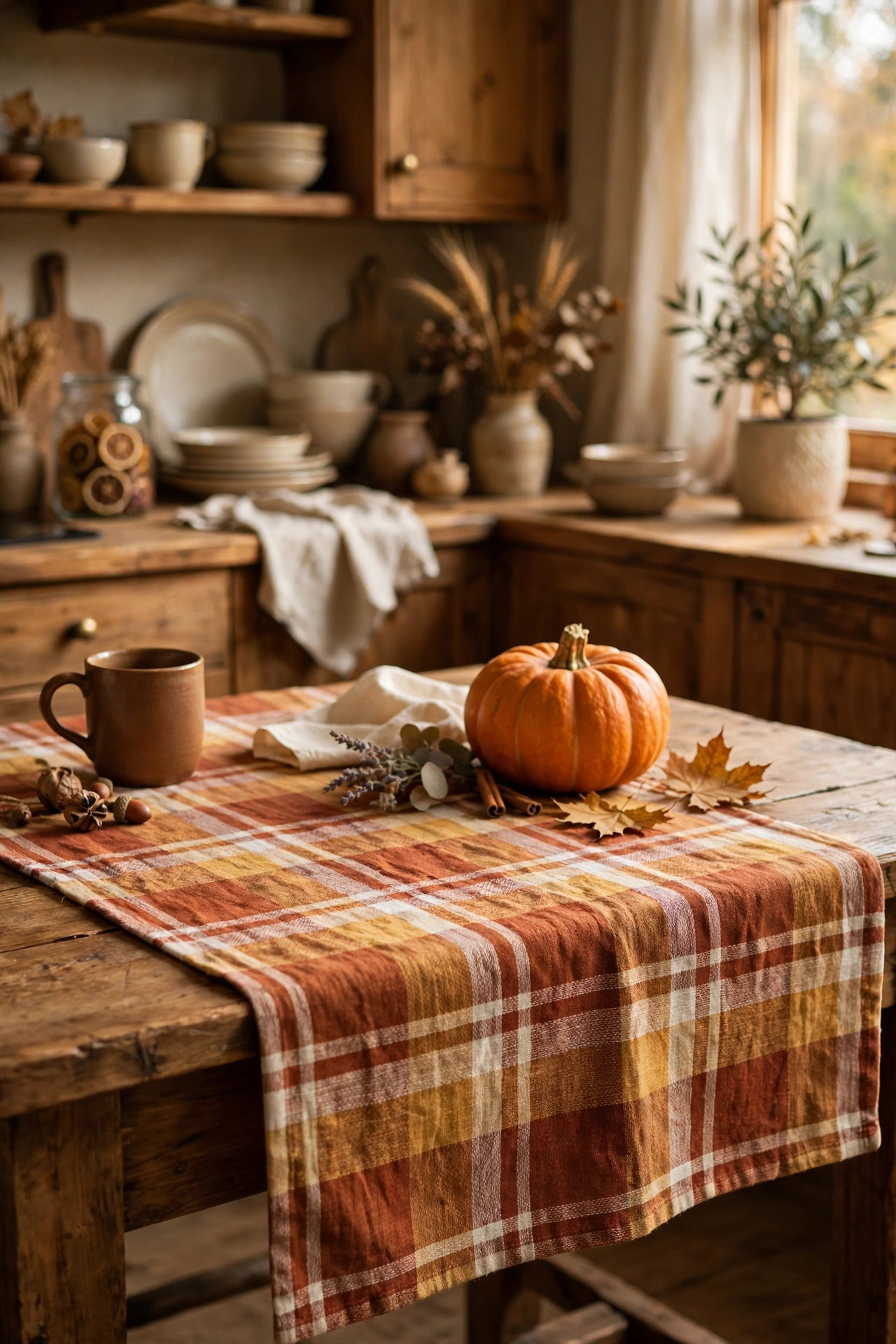 Plaid table runner in rust mustard and cream on a wooden kitchen table