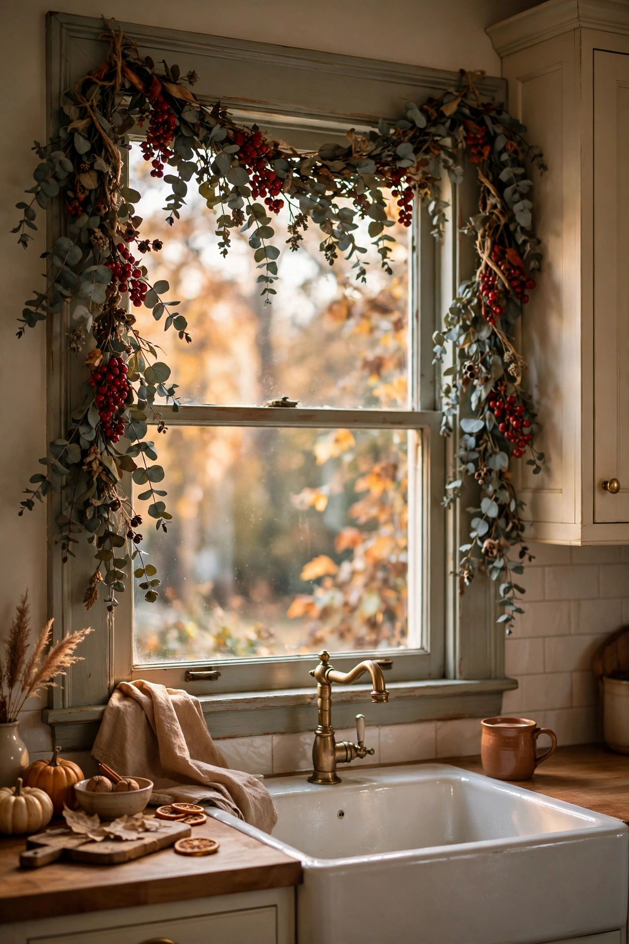 Dried eucalyptus and faux berry garland draped over a kitchen window frame