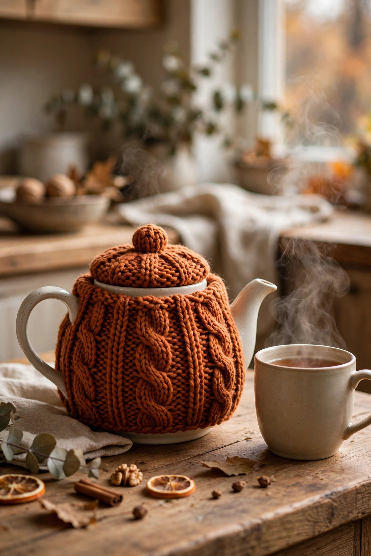 Chunky knit tea cosy in rust colour on a teapot on a kitchen counter