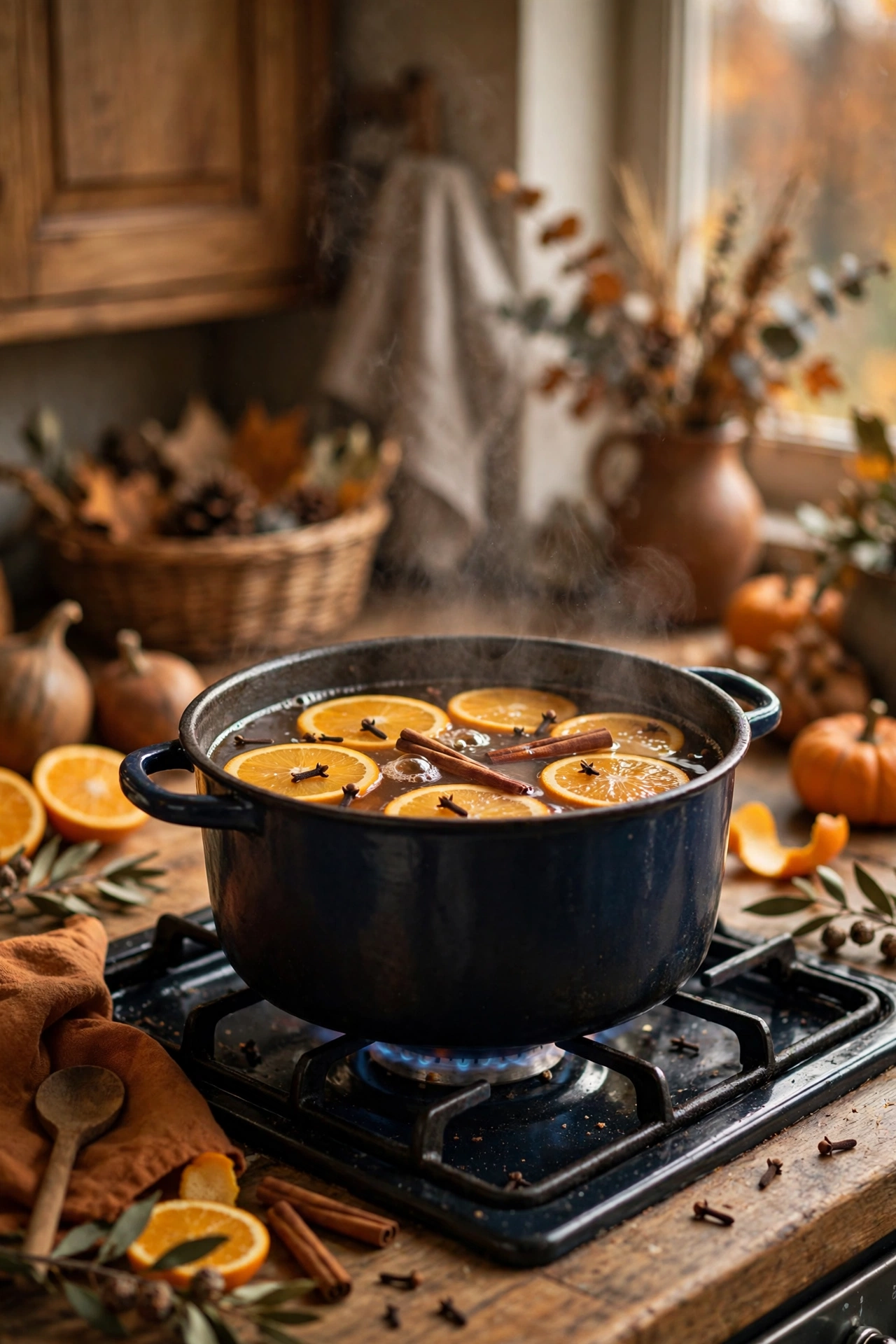 Simmer pot with orange slices cinnamon and cloves steaming on a hob