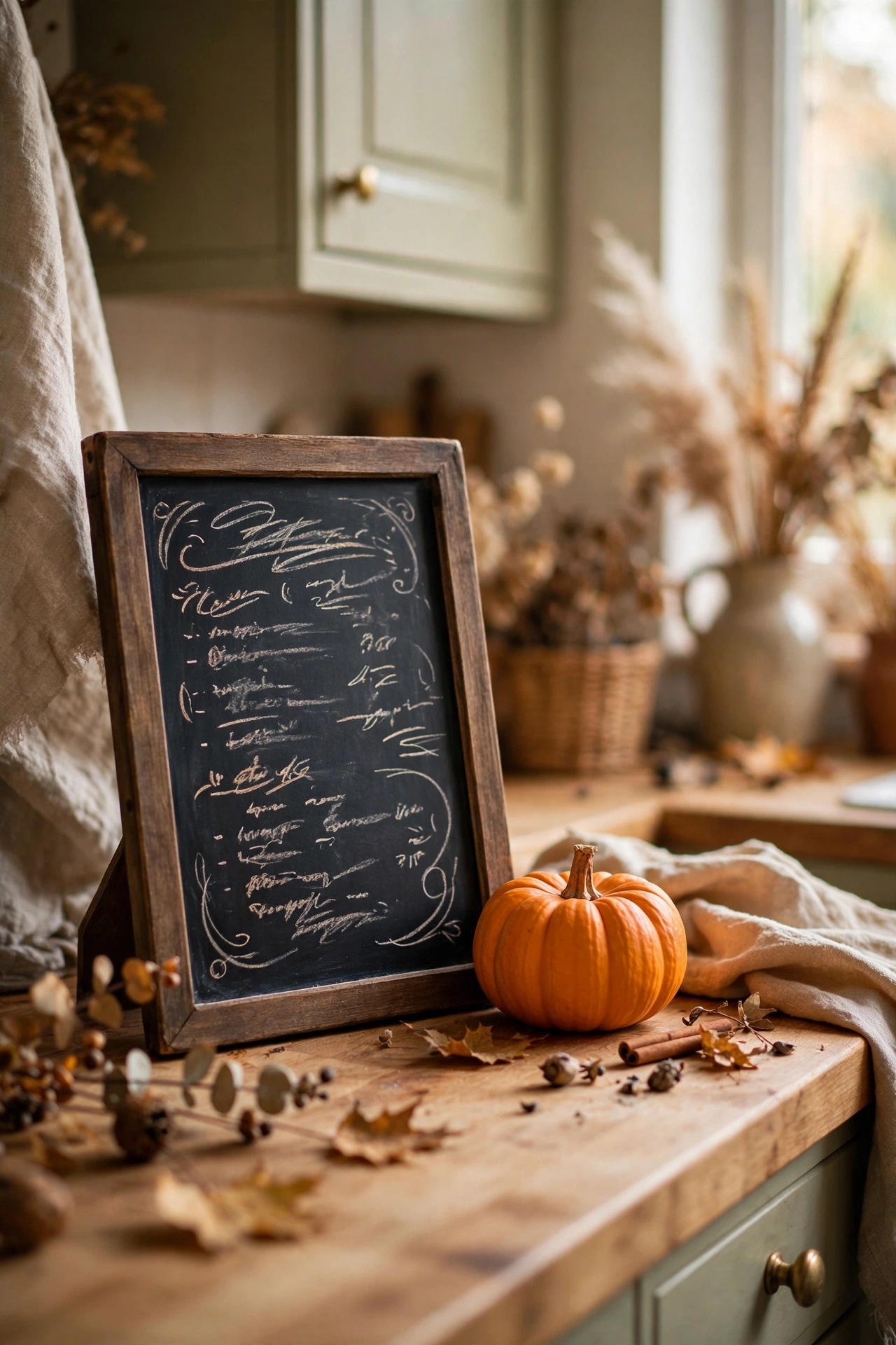 Small chalkboard with autumn menu wording on a kitchen counter