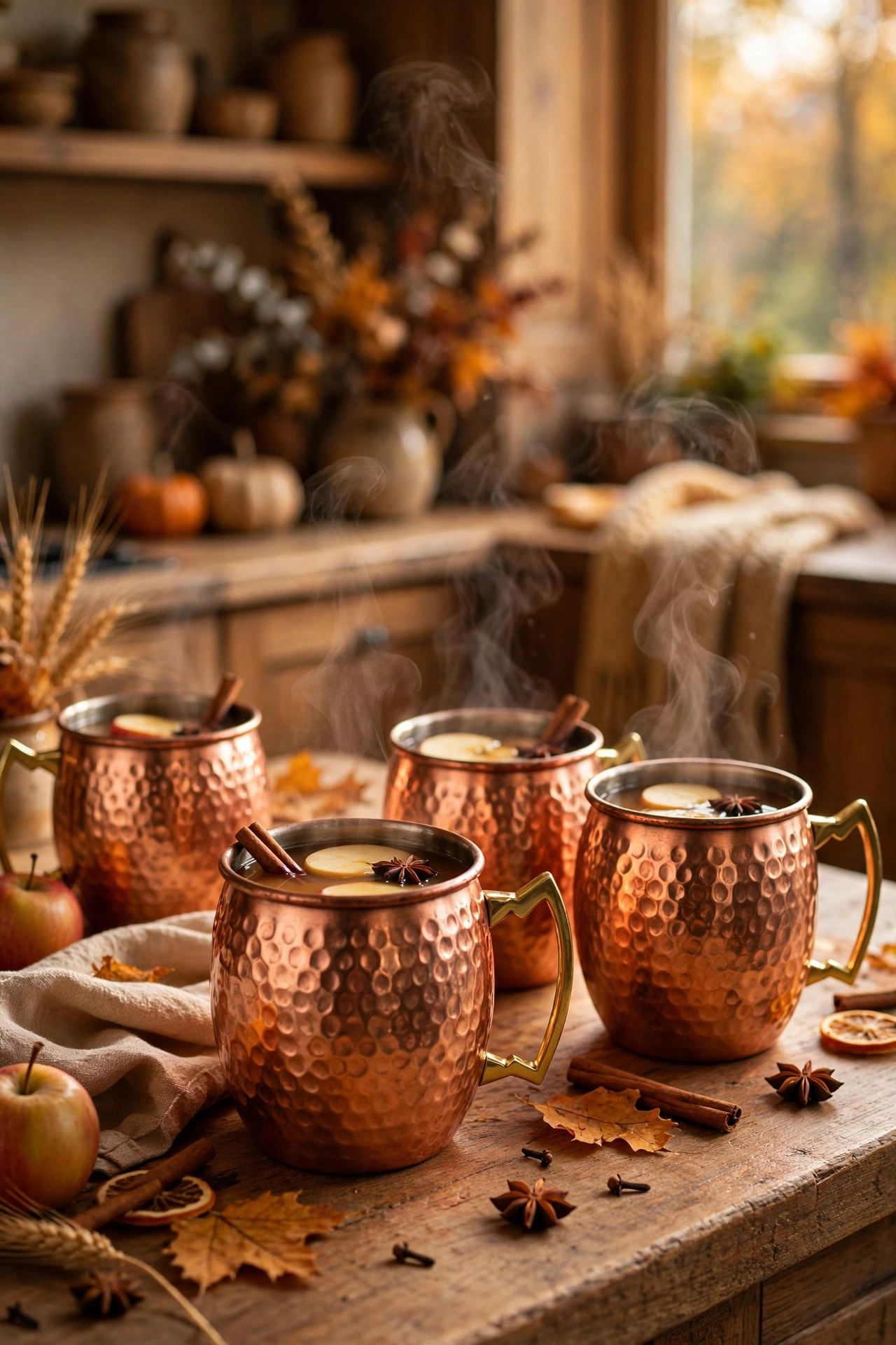 Hammered copper mugs for hot cider on a wooden kitchen counter