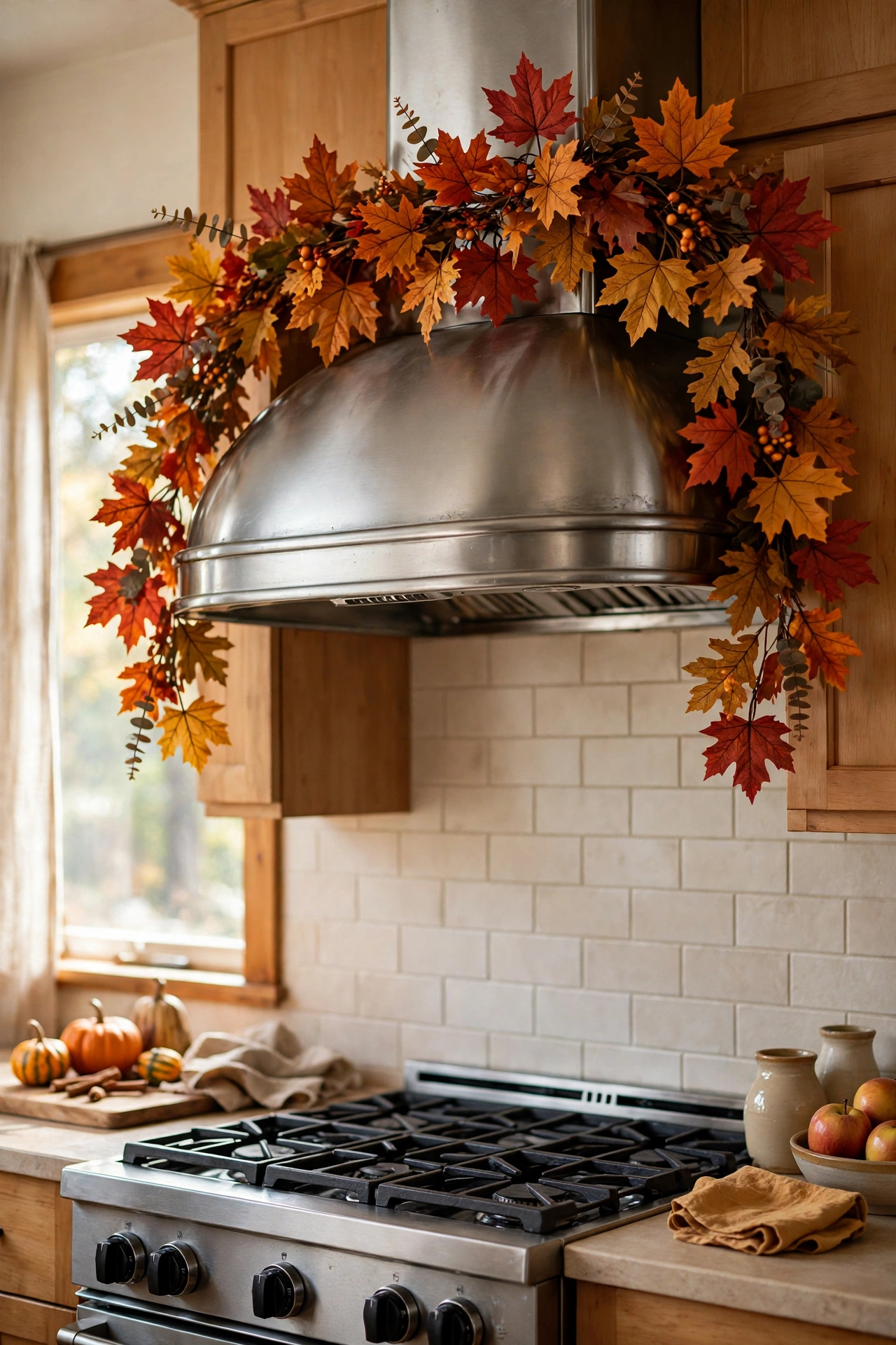 Faux autumn leaf garland draped along the top of a range hood