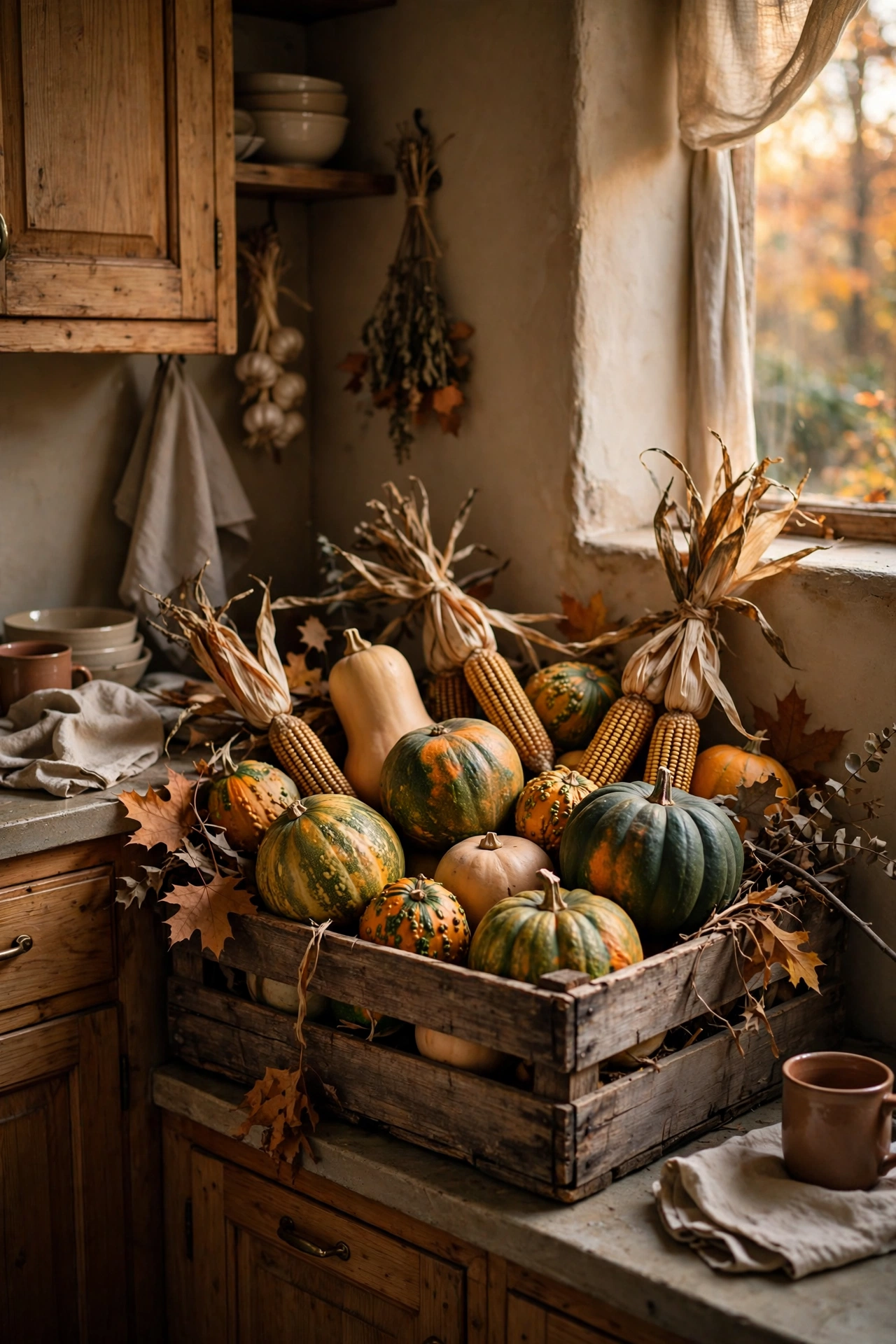 Old wooden crate filled with squash and gourds as harvest display
