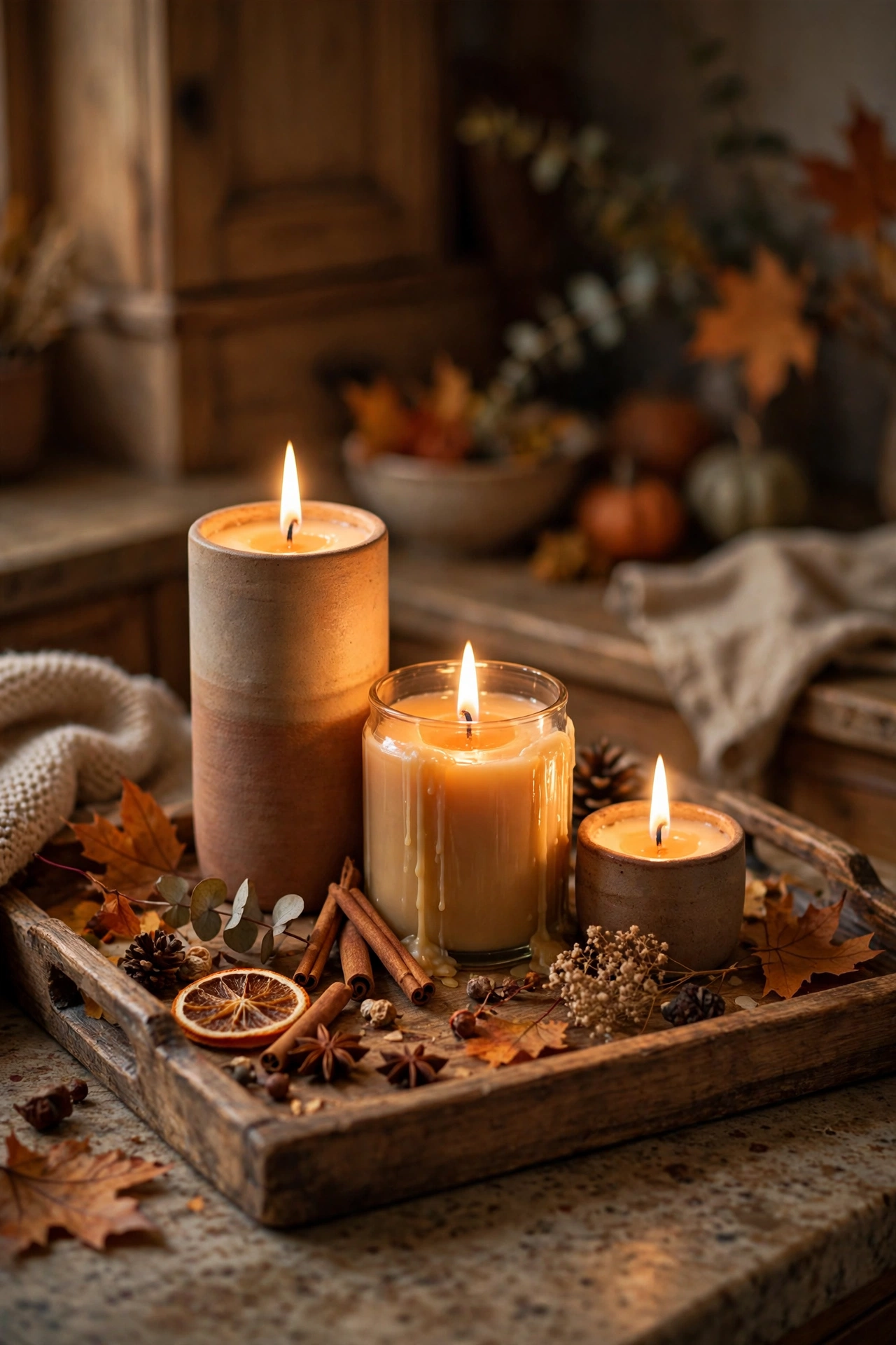 Three spiced candles in autumn scents grouped on a wooden tray