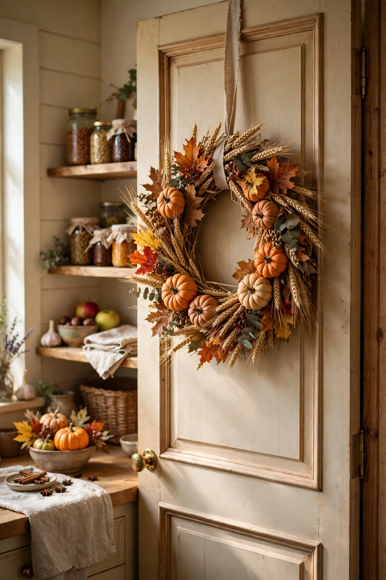Harvest wreath of wheat and mini pumpkins hanging on a pantry door