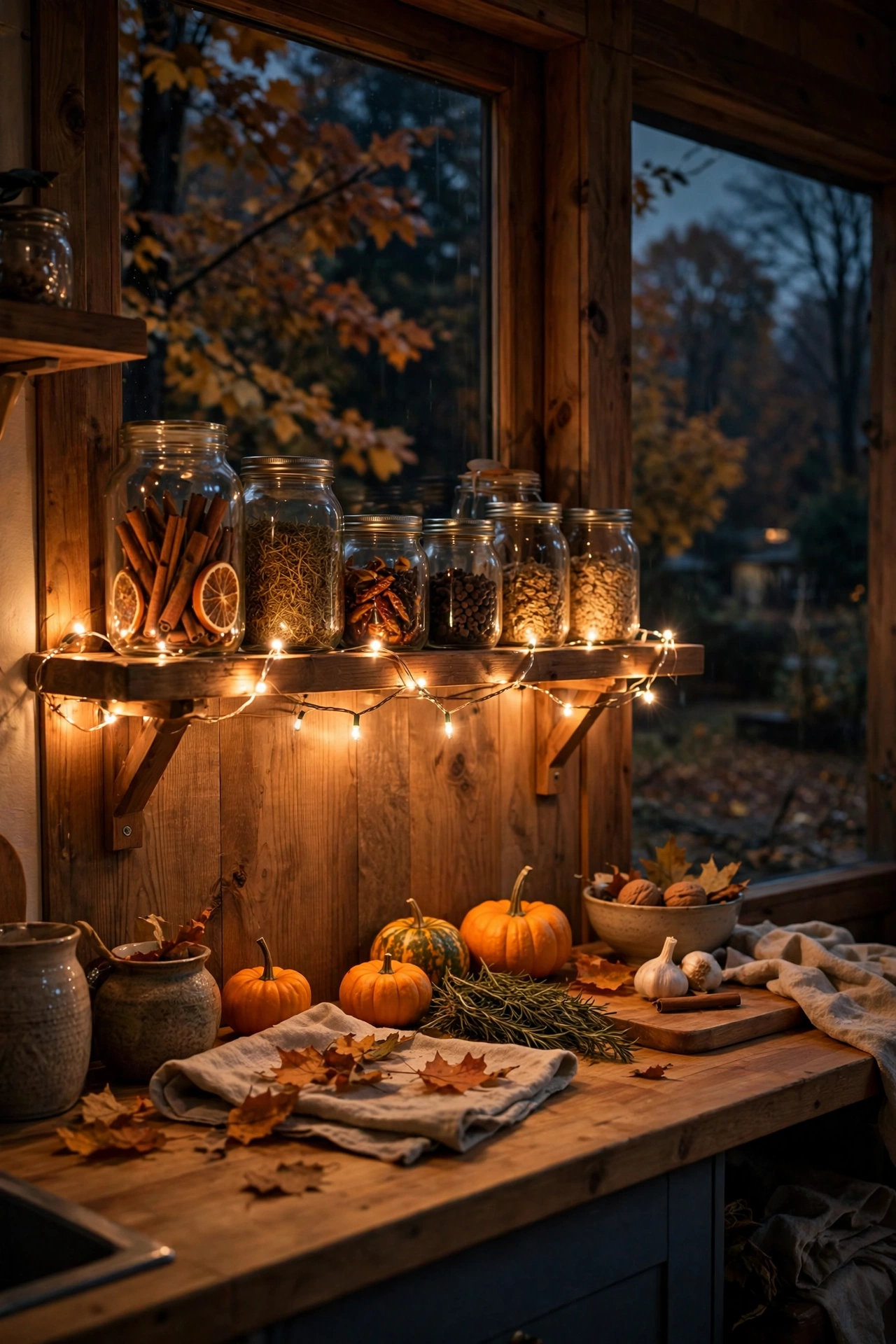 Warm string lights glowing along a kitchen shelf on a dark autumn evening