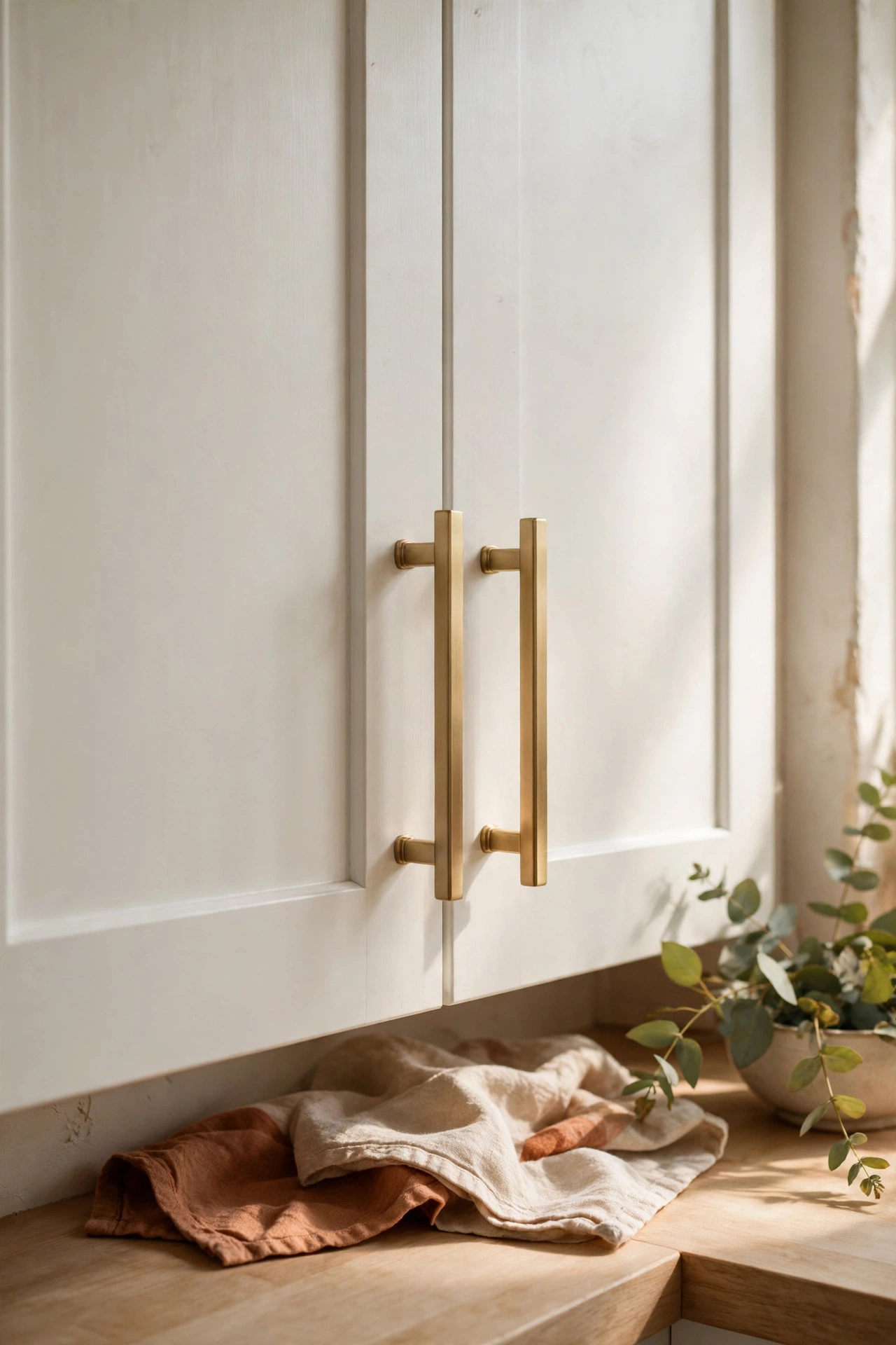 New brass bar pulls fitted on white kitchen cabinet doors