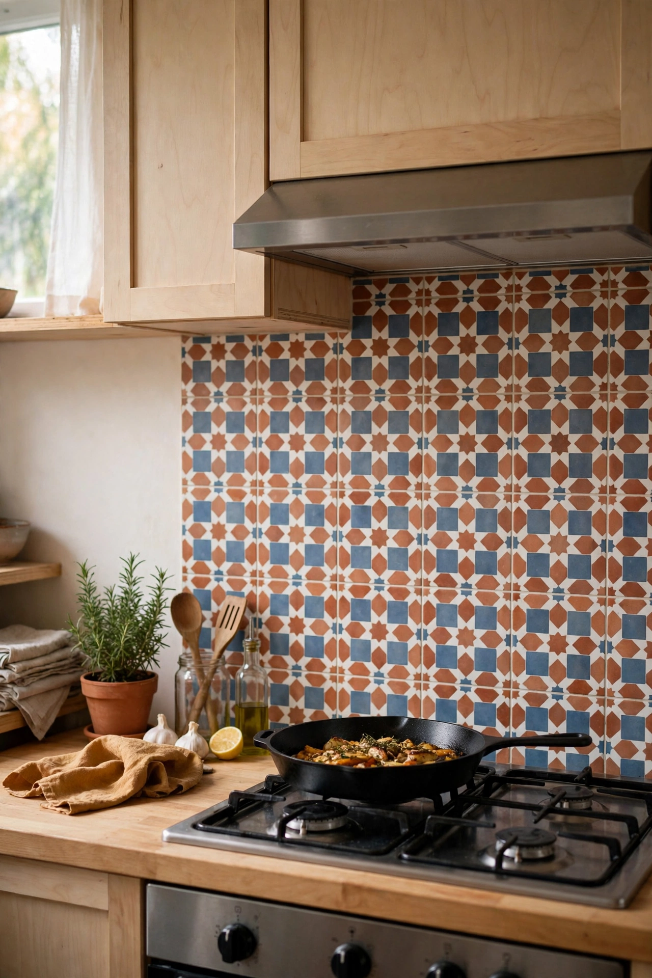 Peel and stick Moroccan pattern tiles as a kitchen backsplash