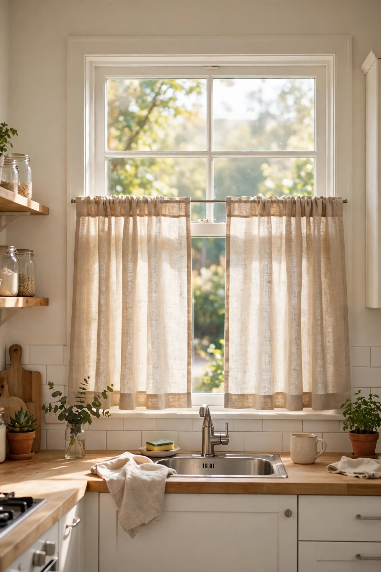 Natural linen cafe curtains newly hung in a bright kitchen window