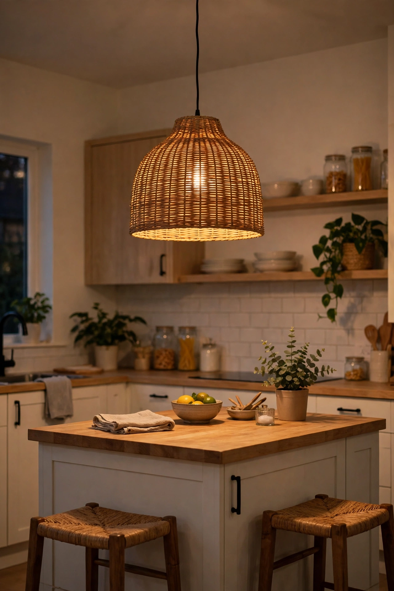 Woven rattan pendant shade newly fitted over a kitchen island