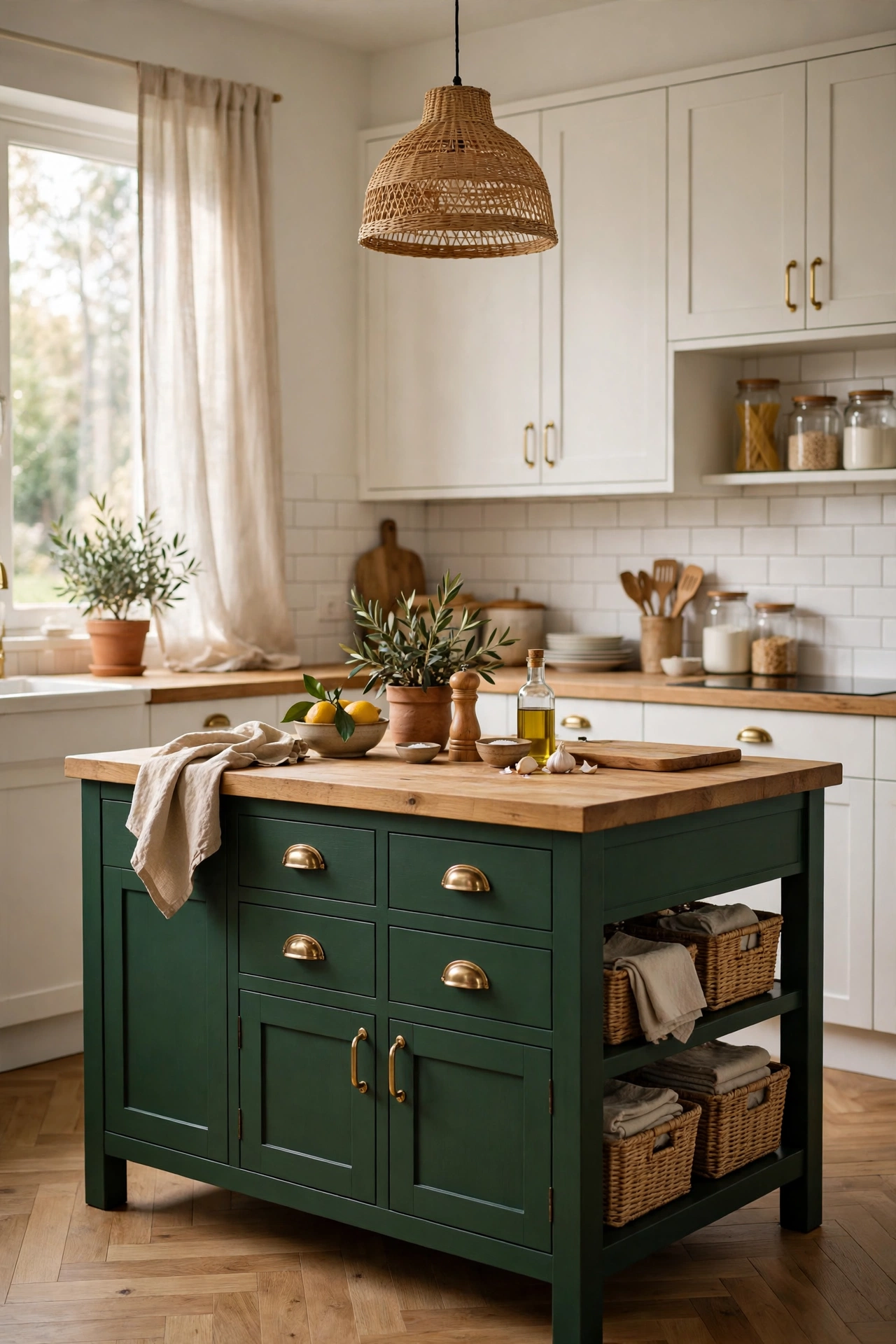 Kitchen island painted deep green against white perimeter cabinets